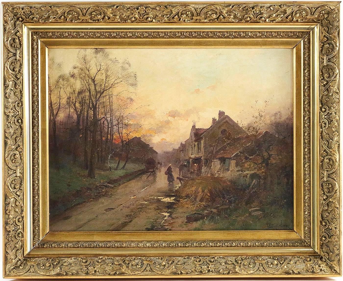 We are pleased to present you, a lovely oil on canvas depicting a sunset in a village, rural scene close to Fontainebleau forest, sign on a lower right by E Galiany, pseudonym of the famous French painter Eugène Galien-Laloue.

Beautiful Barbizon