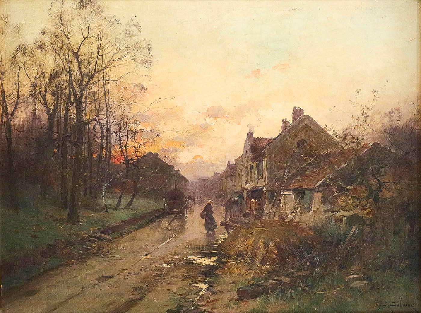 French Eugène Galien-Laloue Sunset on a Village, Barbizon School, Circa 1880
