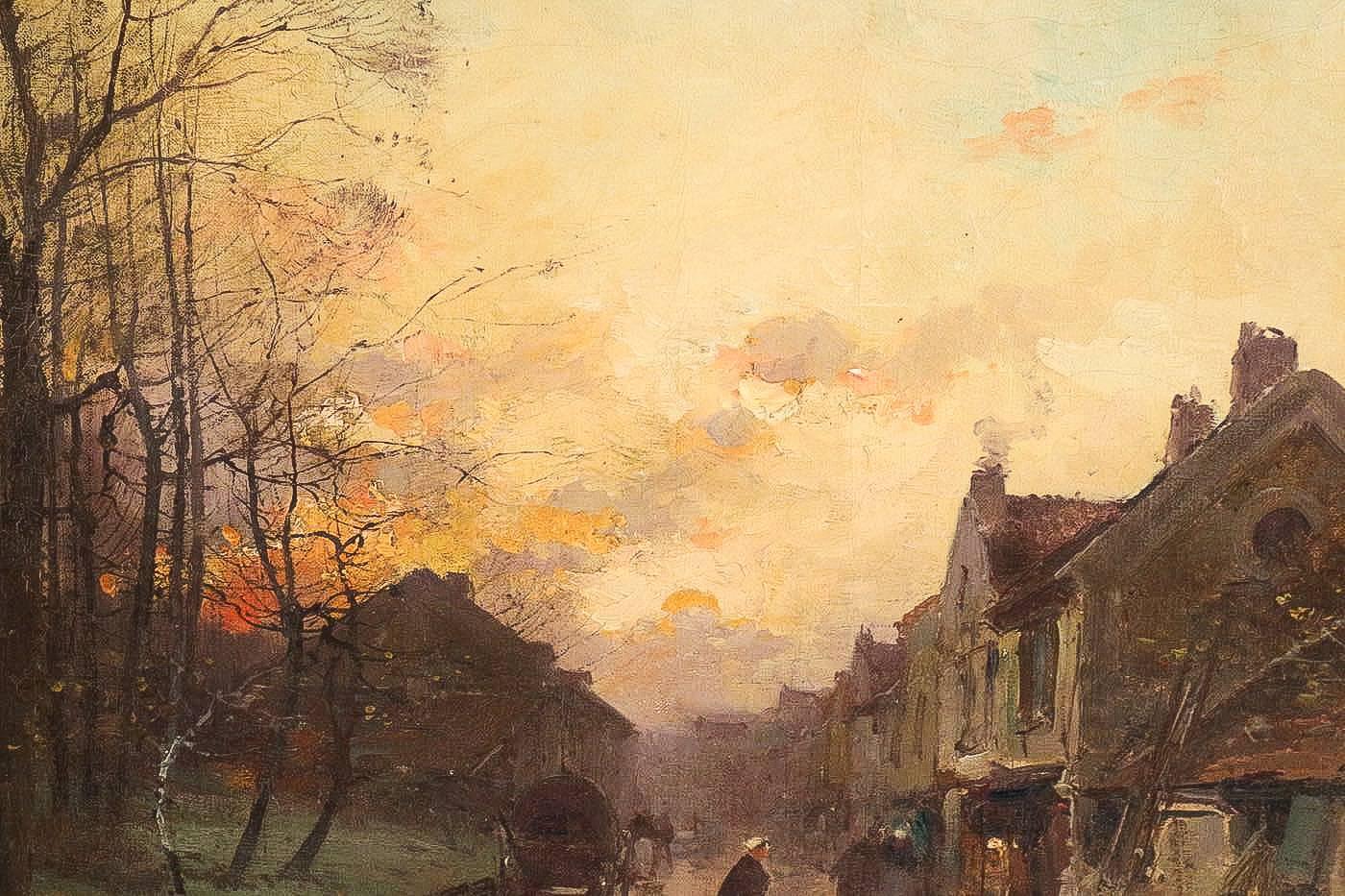 Eugène Galien-Laloue Sunset on a Village, Barbizon School, Circa 1880 In Excellent Condition In Saint Ouen, FR