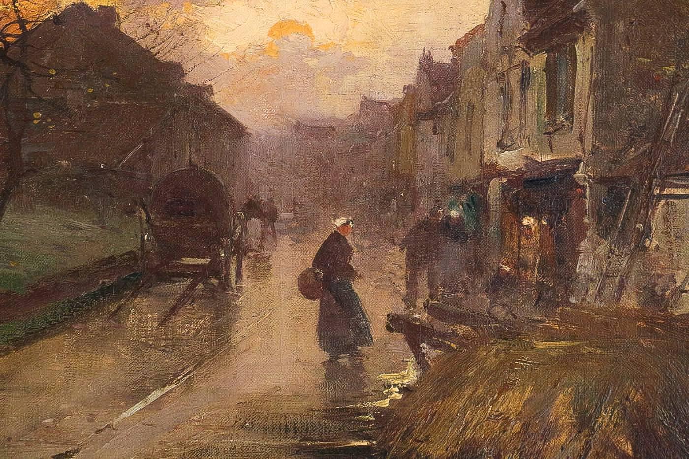 XIXe siècle Eugène Galien-Laloue Coucher de soleil sur un village, école de Barbizon, vers 1880