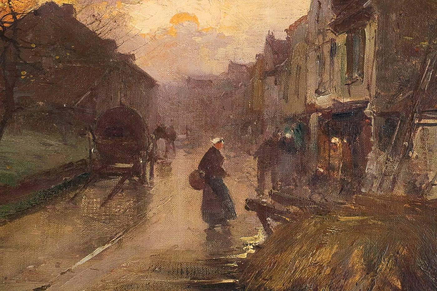 Canvas Eugène Galien-Laloue Sunset on a Village, Barbizon School, Circa 1880