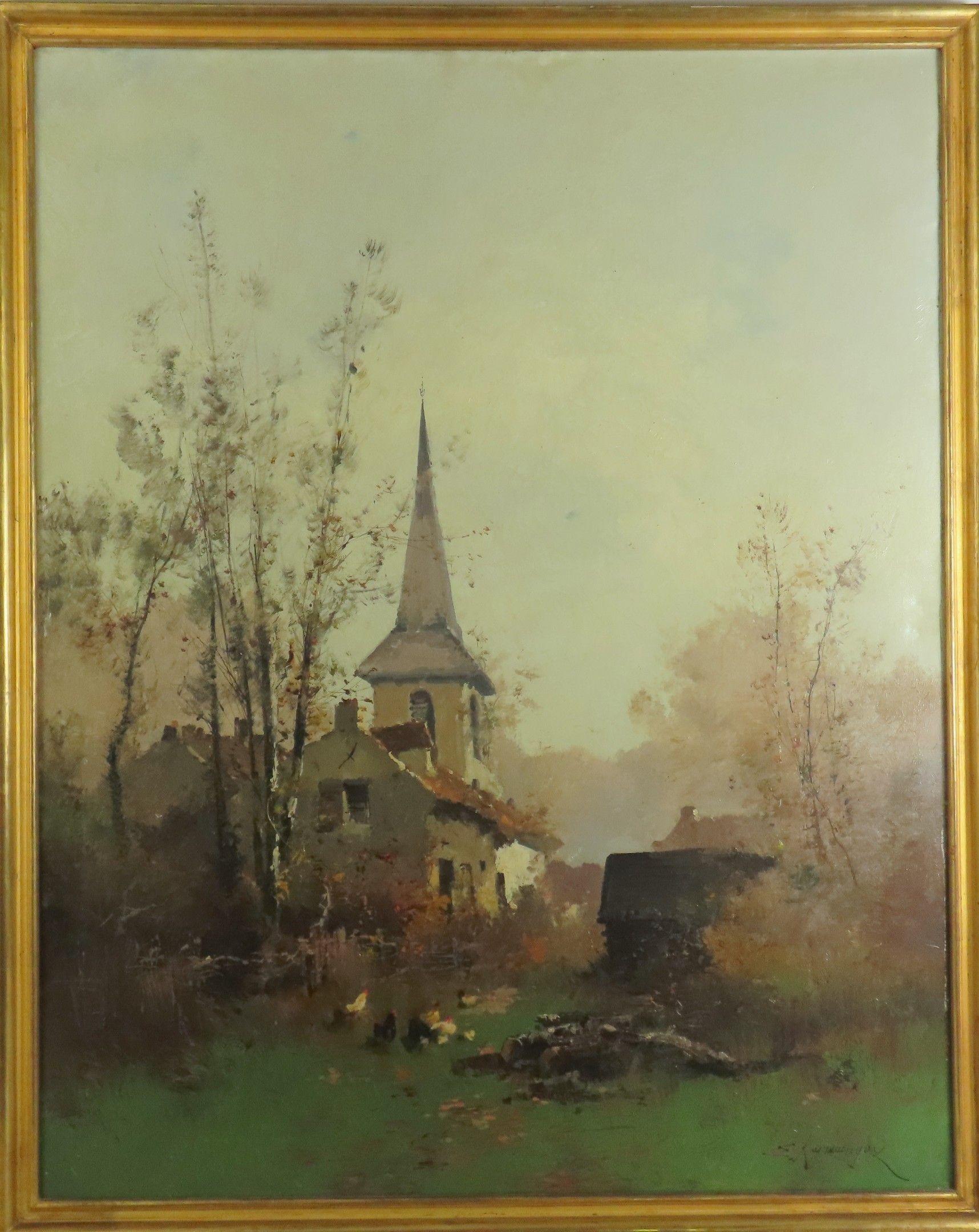 Bauernhof - Ein Dorf in der Normandie mit Kirche, von Eugène Galien-Laloue O/C. im Angebot 3