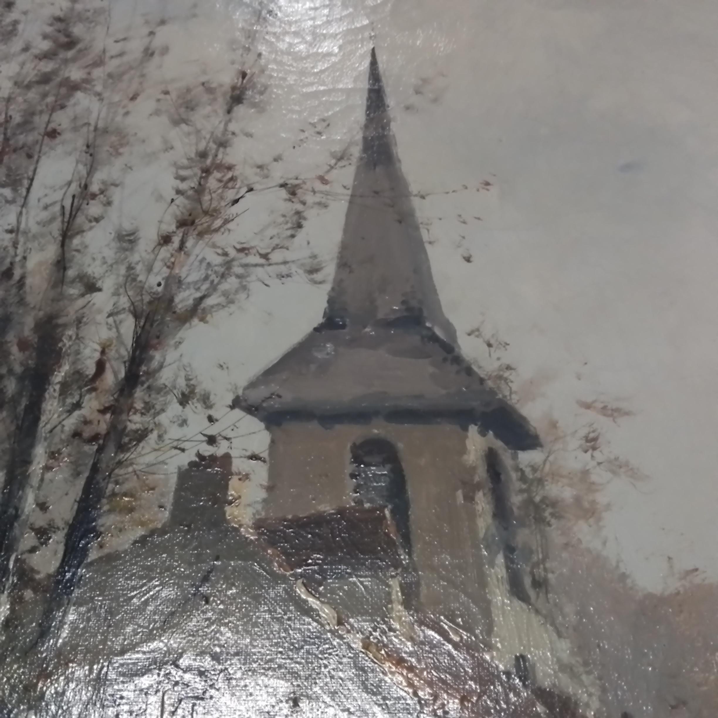 Bauernhof - Ein Dorf in der Normandie mit Kirche, von Eugène Galien-Laloue O/C. im Angebot 4