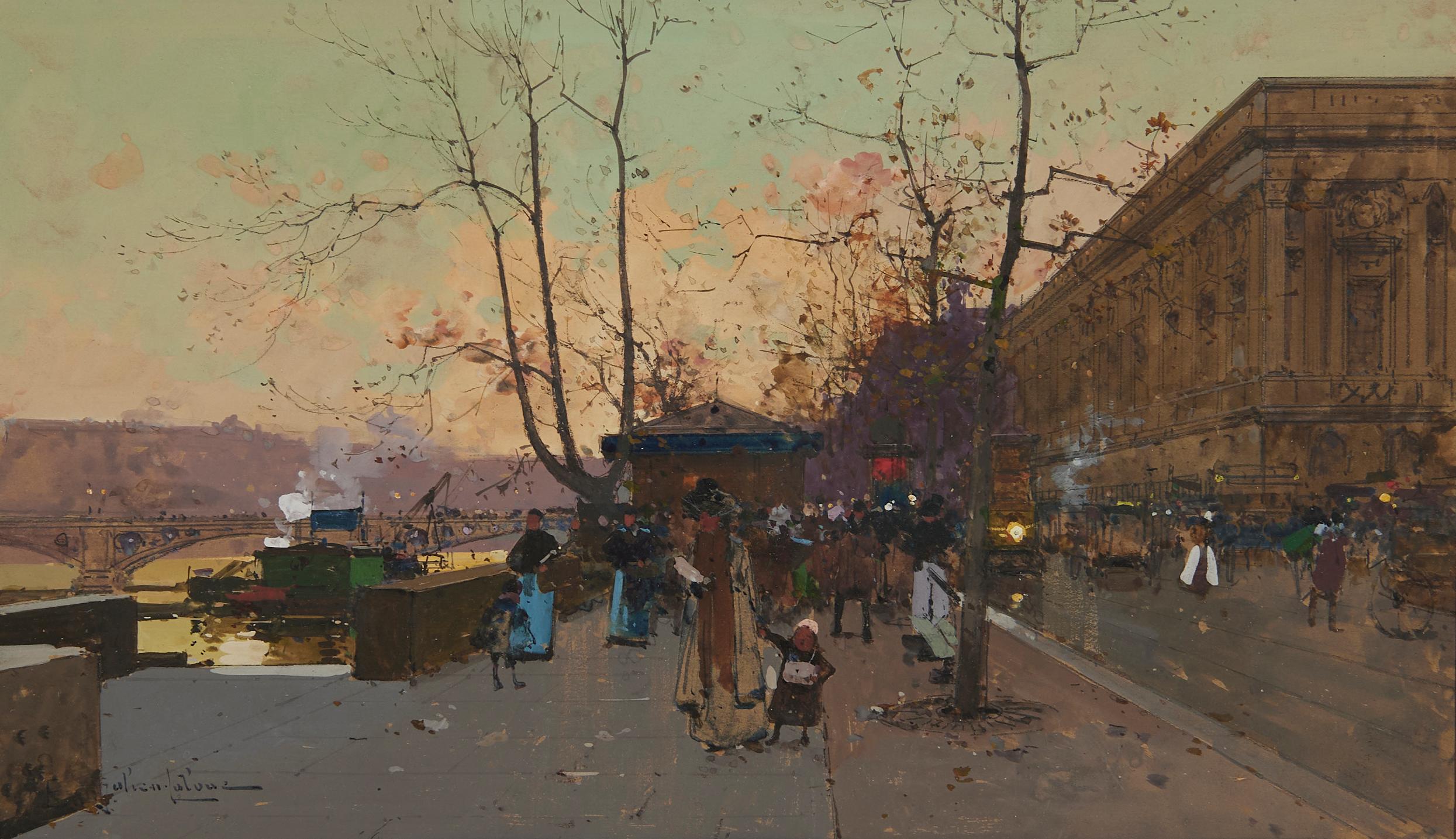Les rives de la Seine près de Chatelet, paysage urbain parisien - Painting de Eugène Galien Laloue