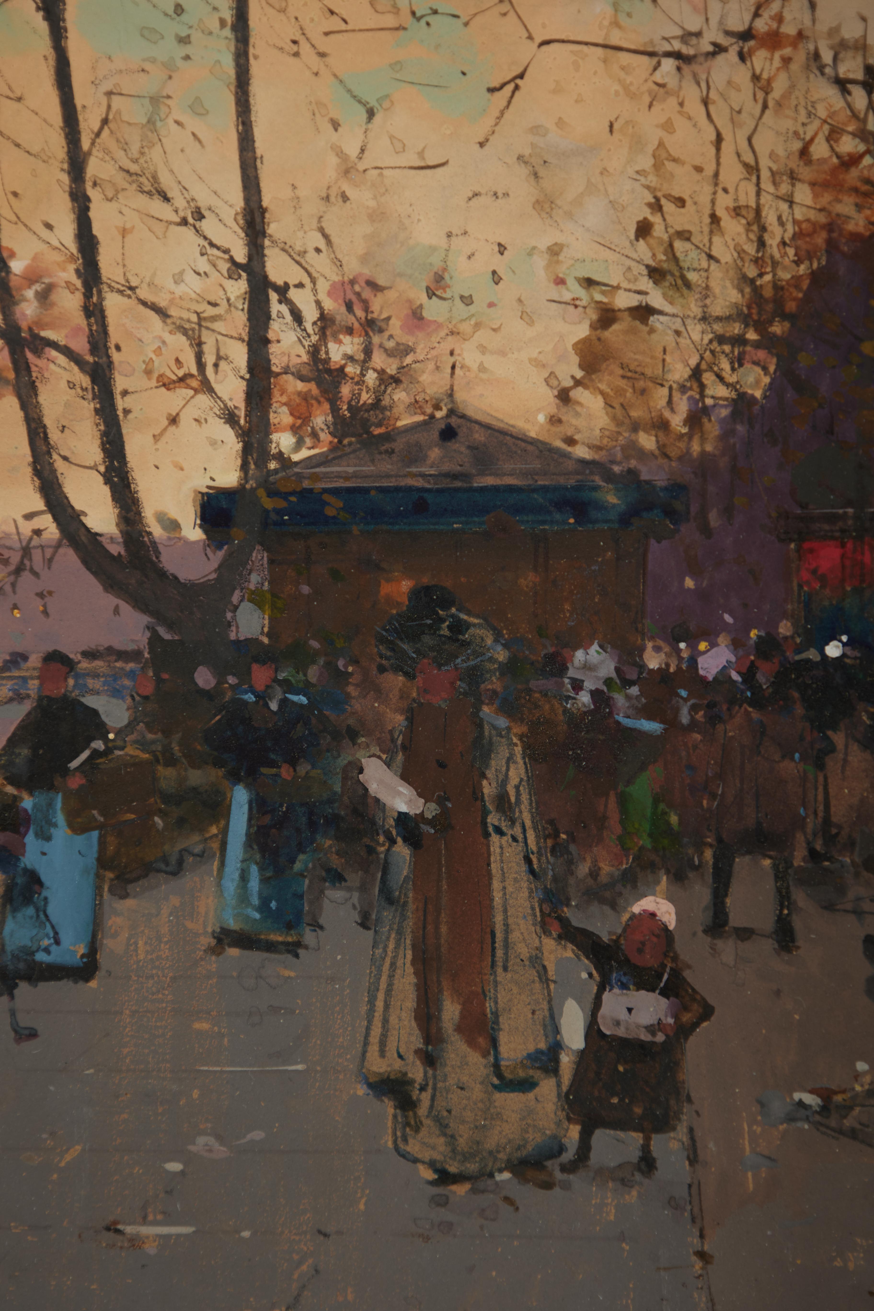 Les rives de la Seine près de Chatelet, paysage urbain parisien - Impressionnisme Painting par Eugène Galien Laloue