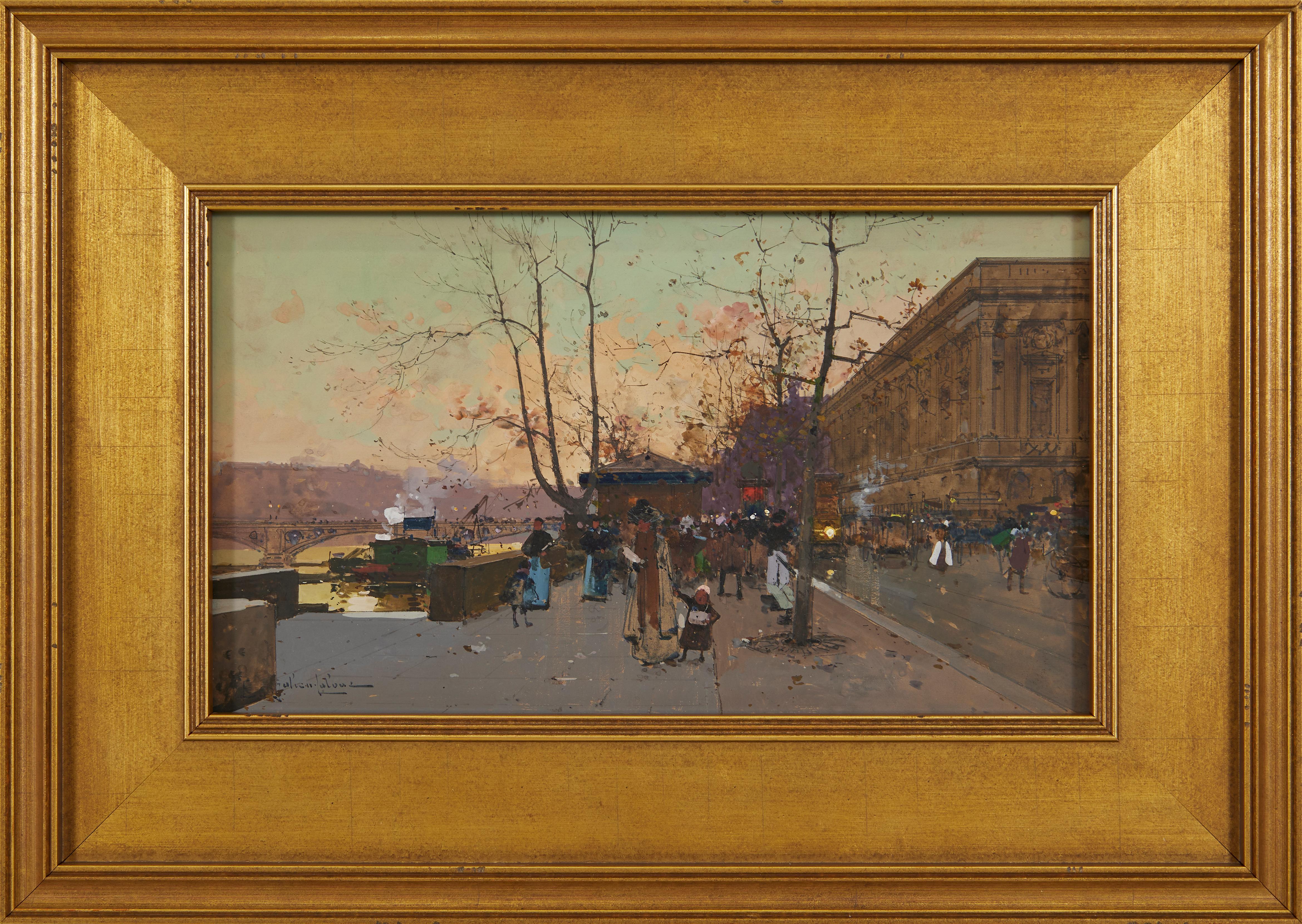 Figurative Painting Eugène Galien Laloue - Les rives de la Seine près de Chatelet, paysage urbain parisien