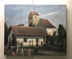 Cemetery and church by Eugène Louis Martin - Oil on canvas