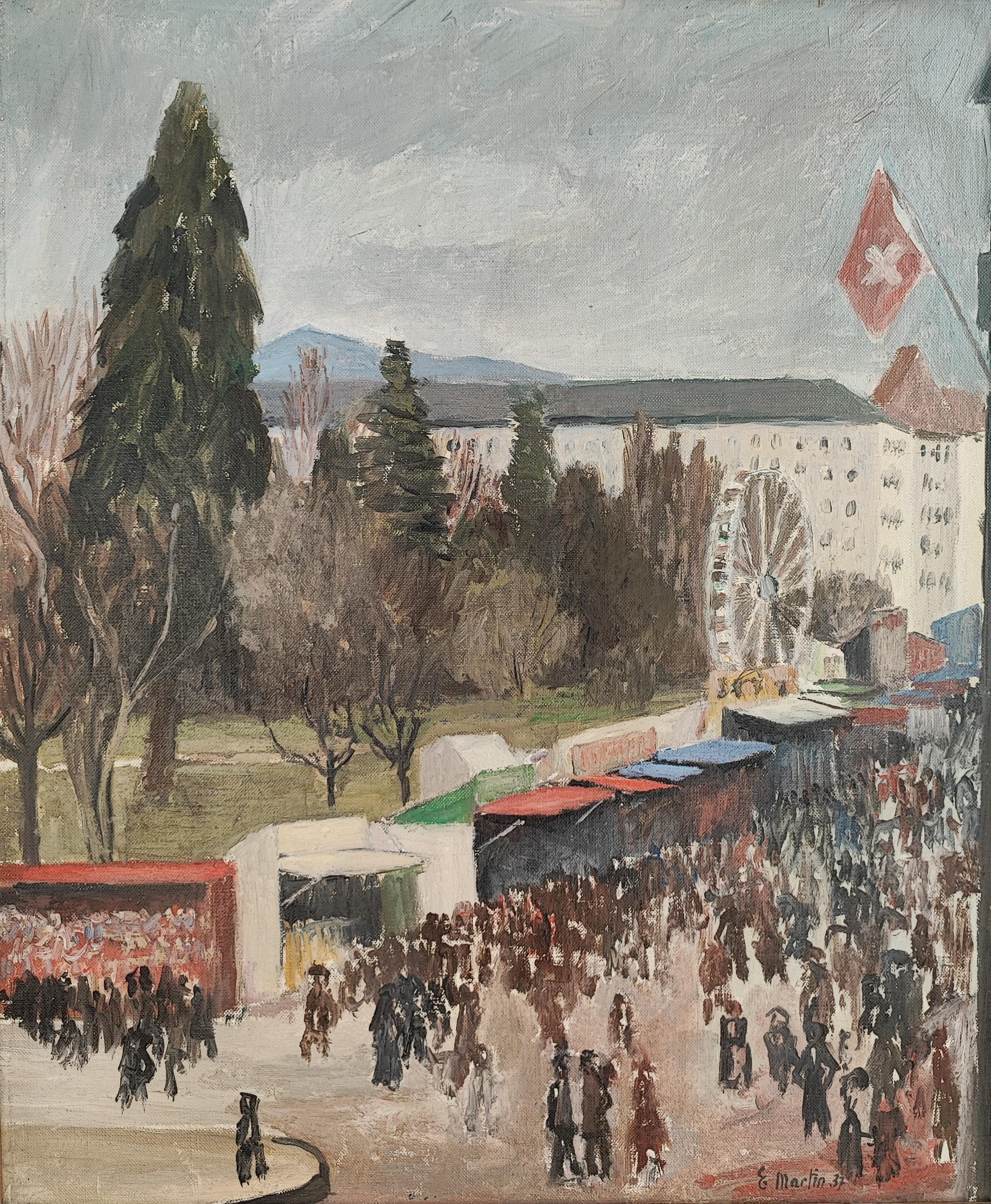 Eugène Louis Martin Figurative Painting – Neujahrstag 1937, Feier im englischen Garten, Genf