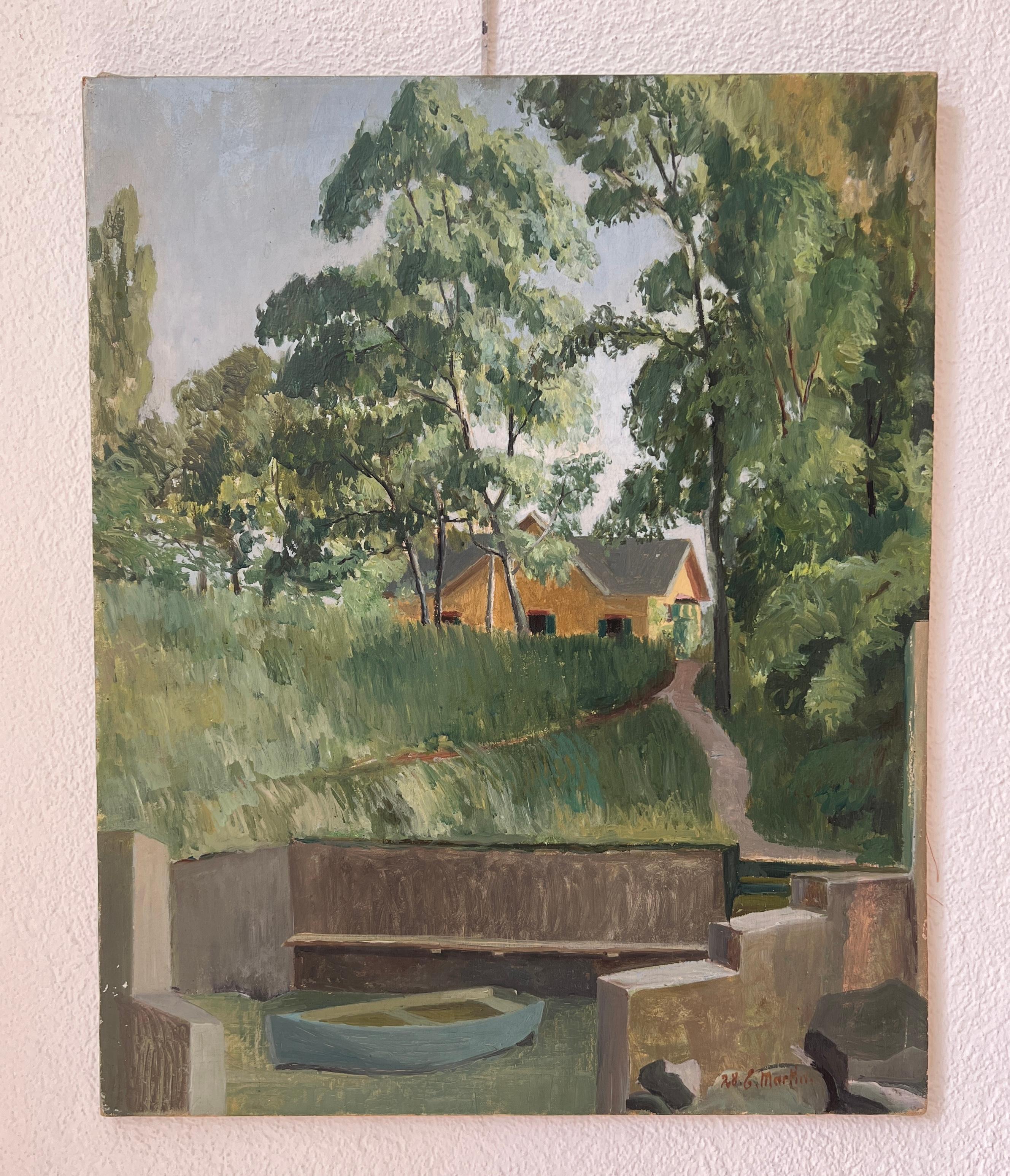 Kleiner Weg und blaues Boot – Painting von Eugène Louis Martin