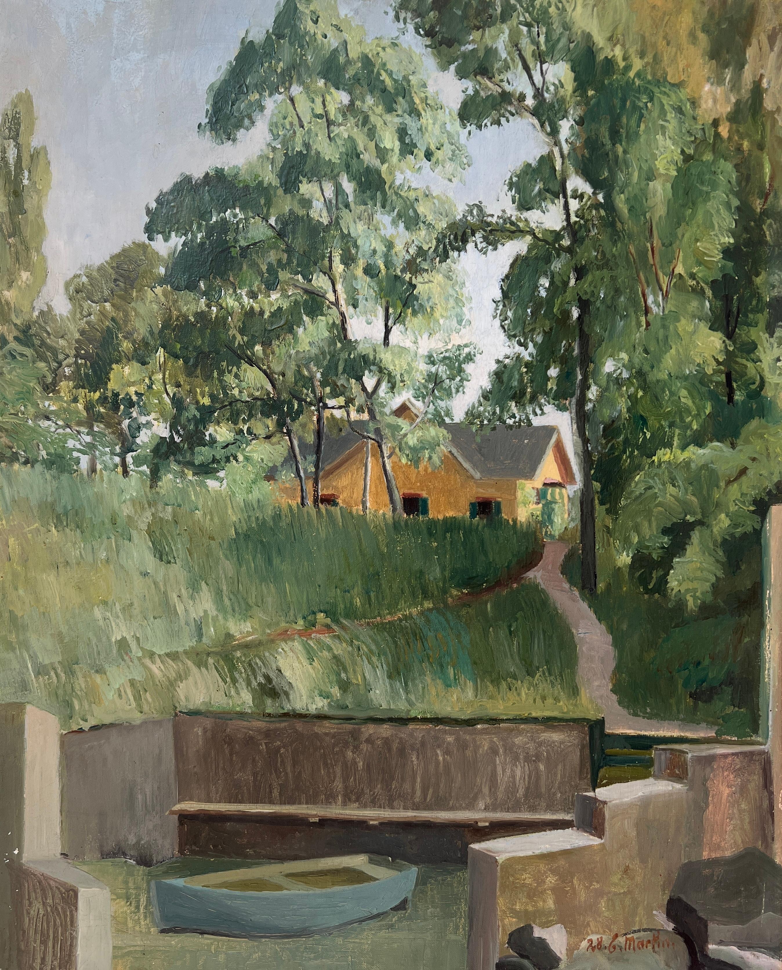 Eugène Louis Martin Landscape Painting – Kleiner Weg und blaues Boot