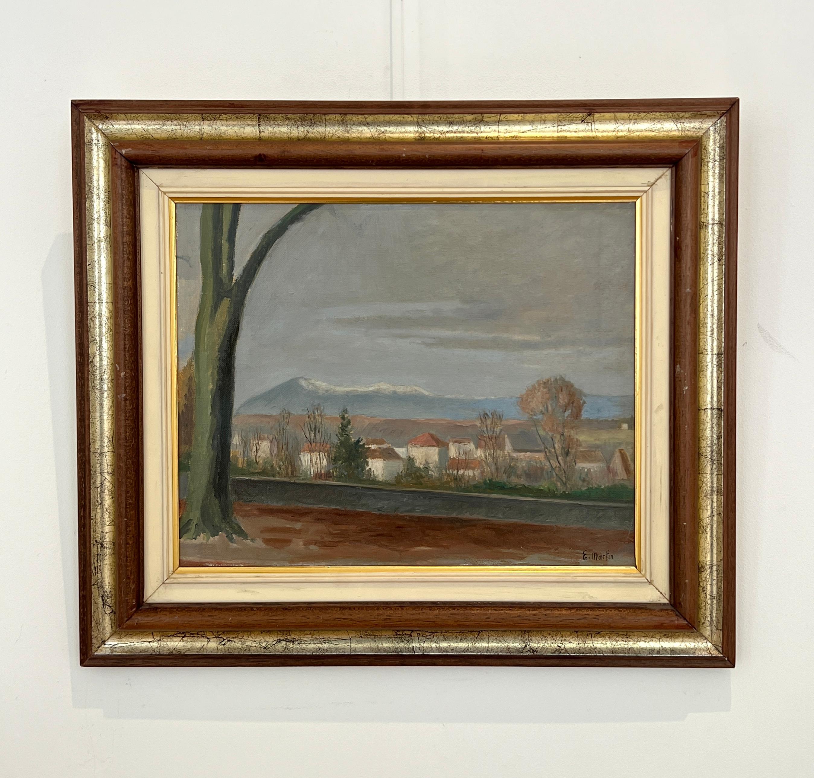 View of a village and snow-capped mountains - Painting by Eugène Louis Martin