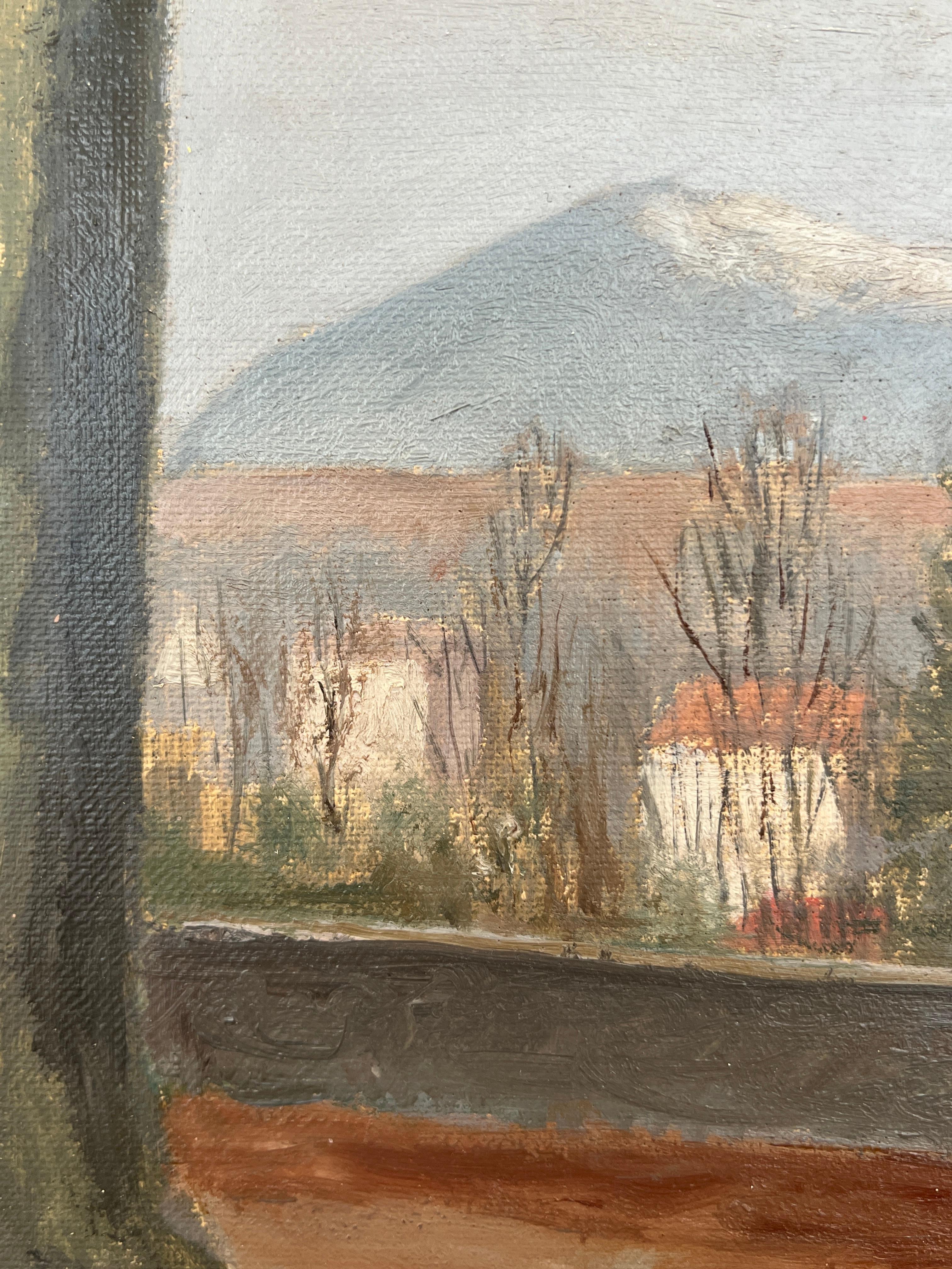 View of a village and snow-capped mountains - Gray Landscape Painting by Eugène Louis Martin