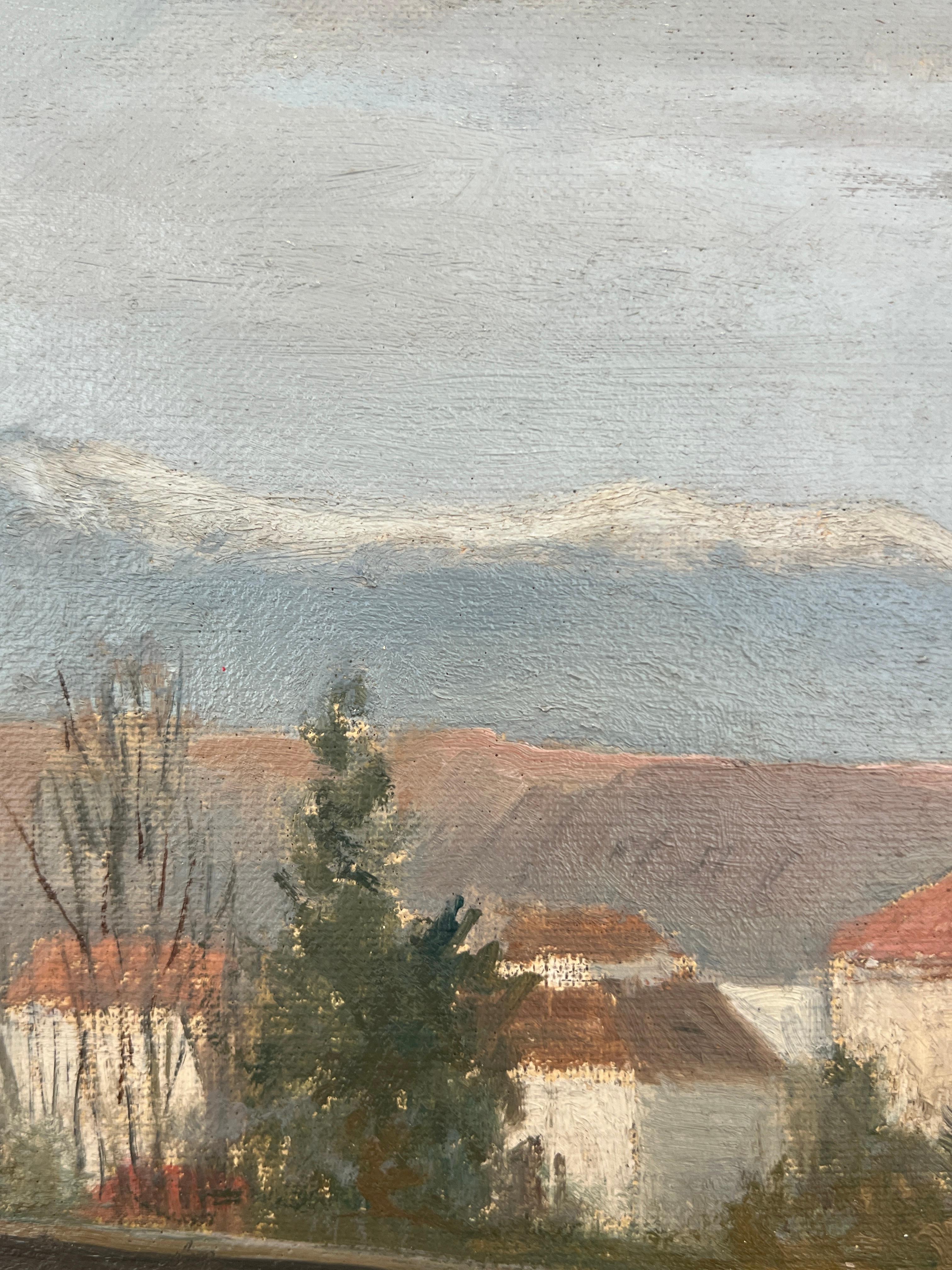 Work on canvas
Brown and gold wooden frame
With frame 49.5 x 57.5 x 4 cm
This work depicts a serene, contemplative landscape with subtle nuances. In the foreground, a large leafless tree stretches toward the gray sky, suggesting a winter or autumn