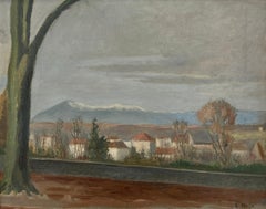 View of a village and snow-capped mountains