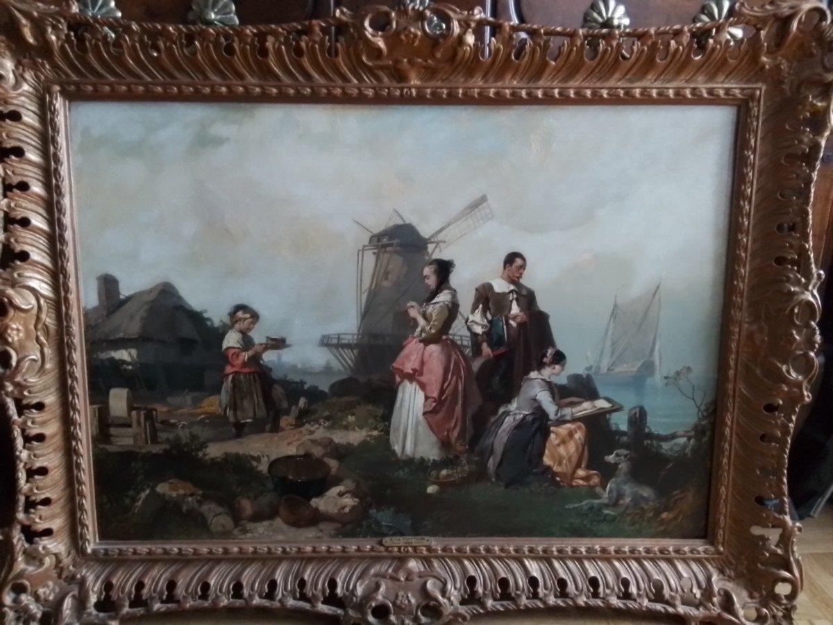 Eugène Lepoittevin. Una lección de dibujo junto al mar - óleo sobre lienzo - firmado  1853