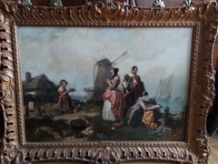 Eugène Lepoittevin. Une leçon de dessin au bord de la mer - huile sur toile - signée  1853