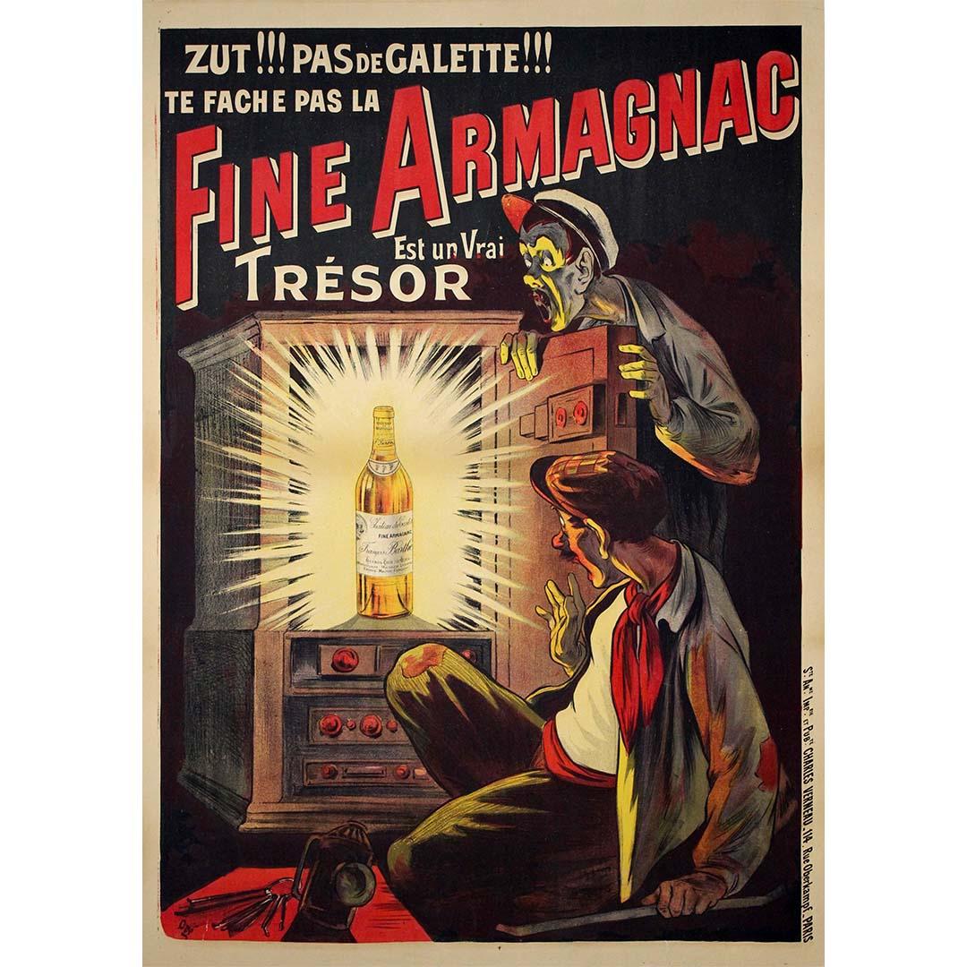 This delightful 1902 original poster by the celebrated French illustrator Eugène Ogé promotes Fine Armagnac with wit, theatrical flair, and unmistakable Belle Époque charm. The scene depicts two startled burglars who, having broken into a safe in