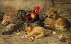 « Chien gardant un coq et des poules » Eugène Rémy Maes (Belge, 1849-1931)