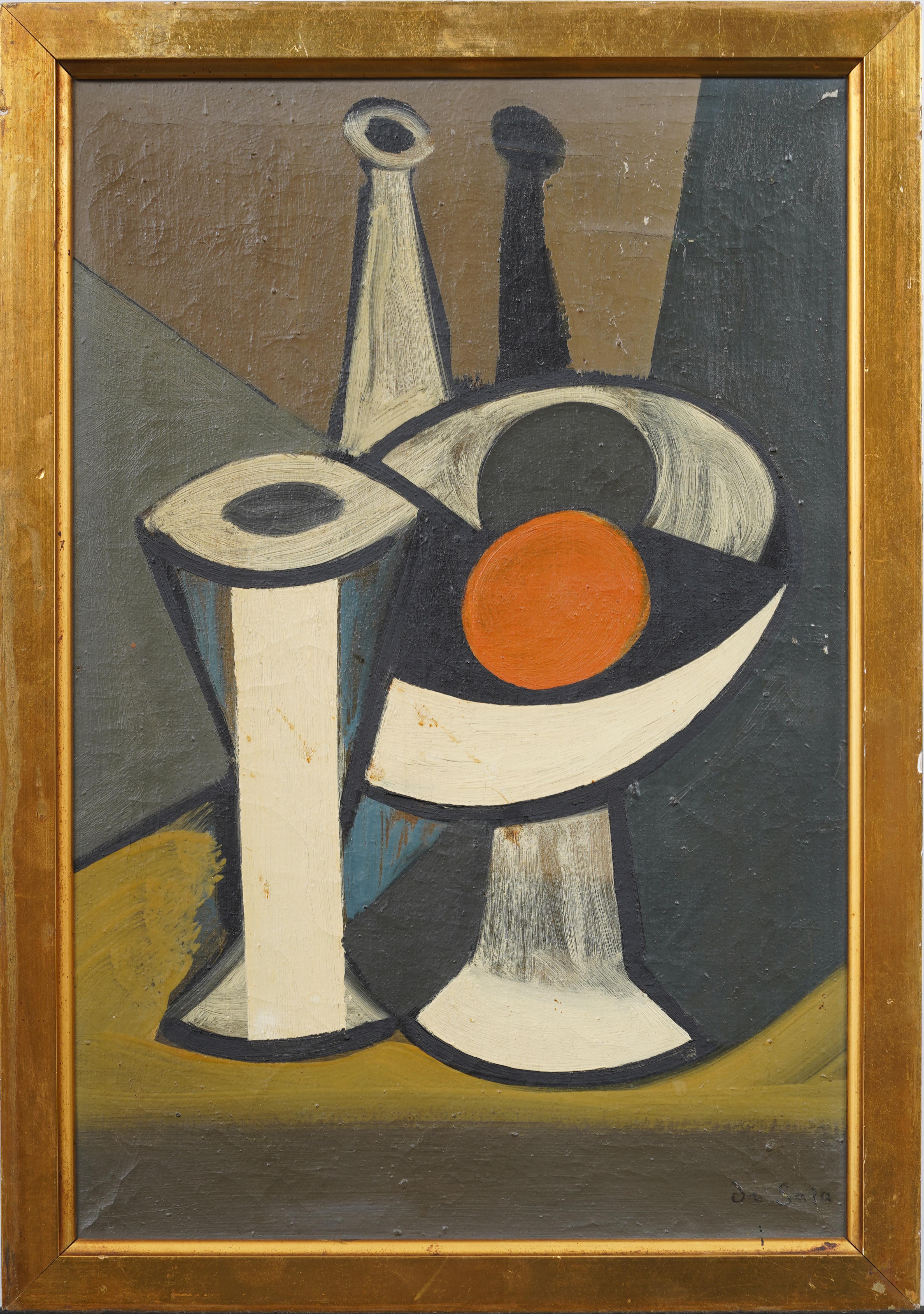 Antique Danish Modernist Abstract Signed & Framed Cubist Rare Oil Painting - Brown Still-Life Painting by Eugène Sala 