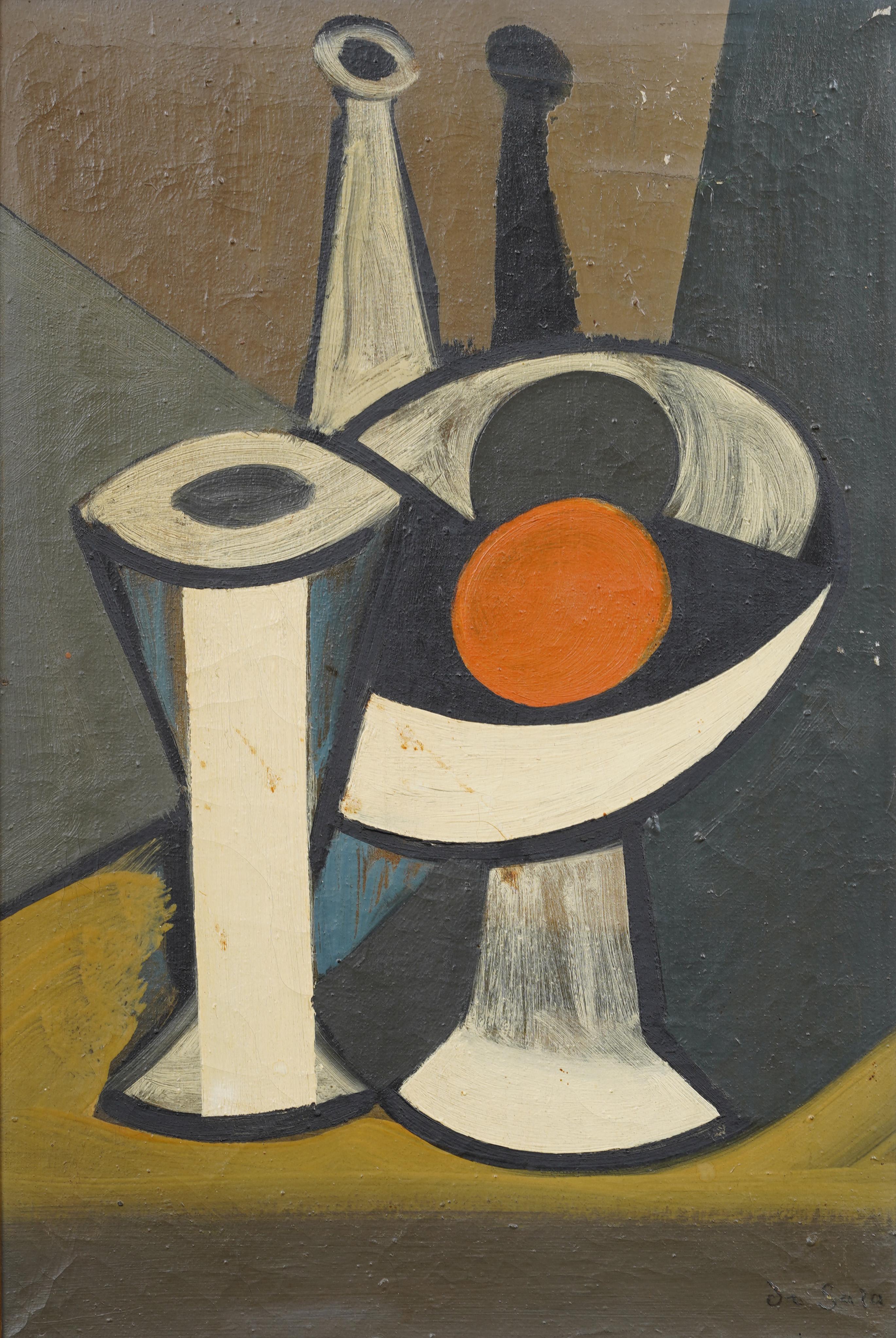 Antique Danish modernist abstract cubist oil painting by Eugène Sala (1899 - 1987). Oil on canvas. Signed. Framed. Measuring: 19 by 13 inches overall.   In excellent original condition. Handsomely framed in a  modern wood molding.  Excellent