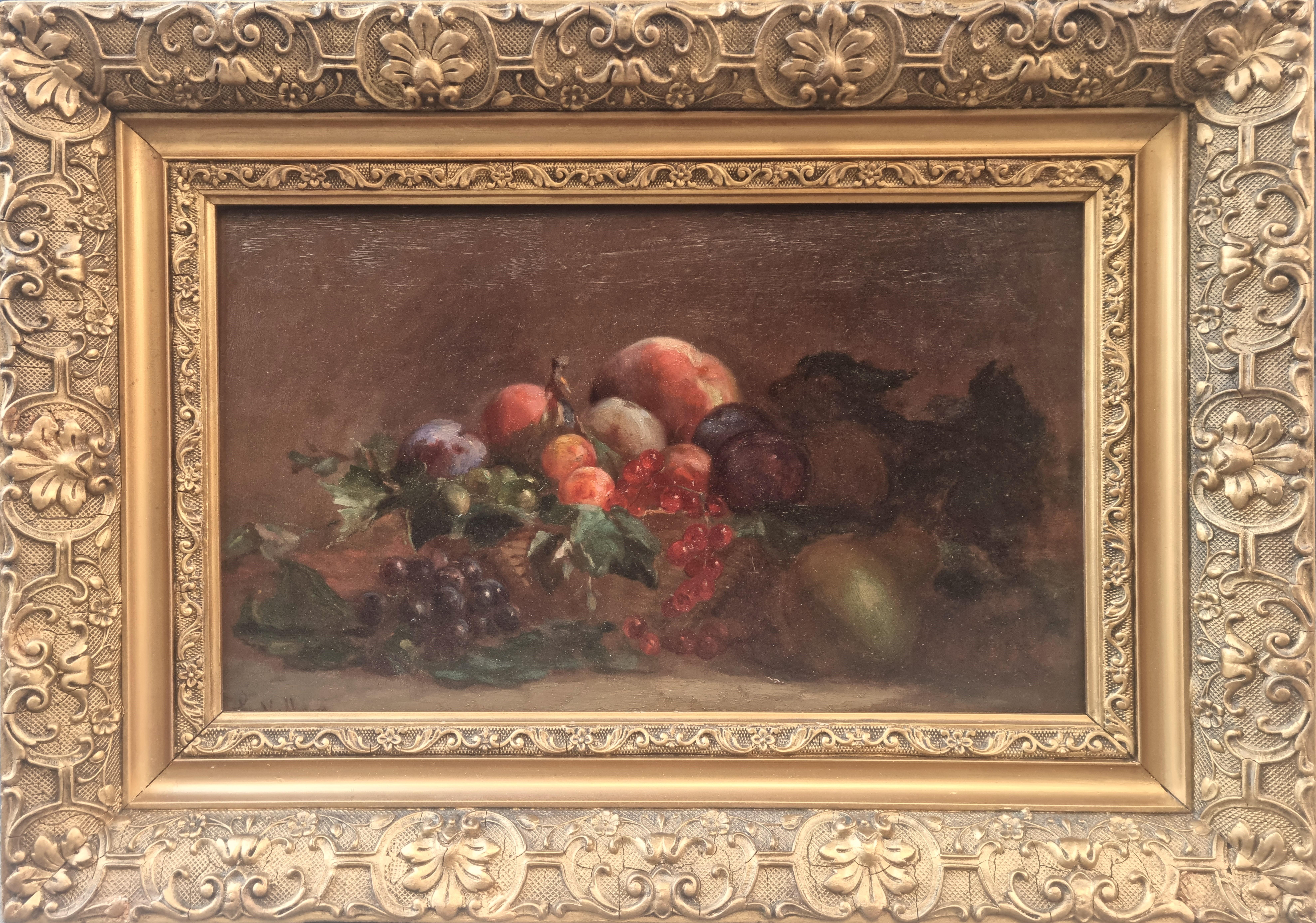 VILLAIN Still life fruits French naturalist Painting 19th - Brown Still-Life Painting by Eugène VILLAIN
