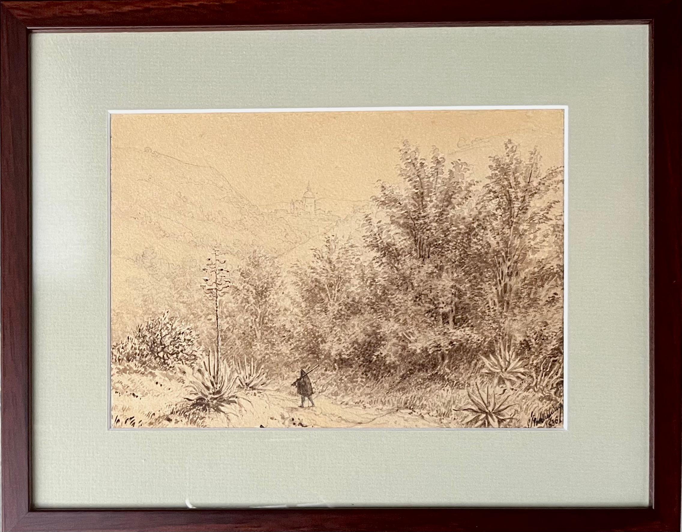 Walker in a wood - Landscape in the South of Italy - Brown Landscape Painting by Eugène Viollet-le-Duc