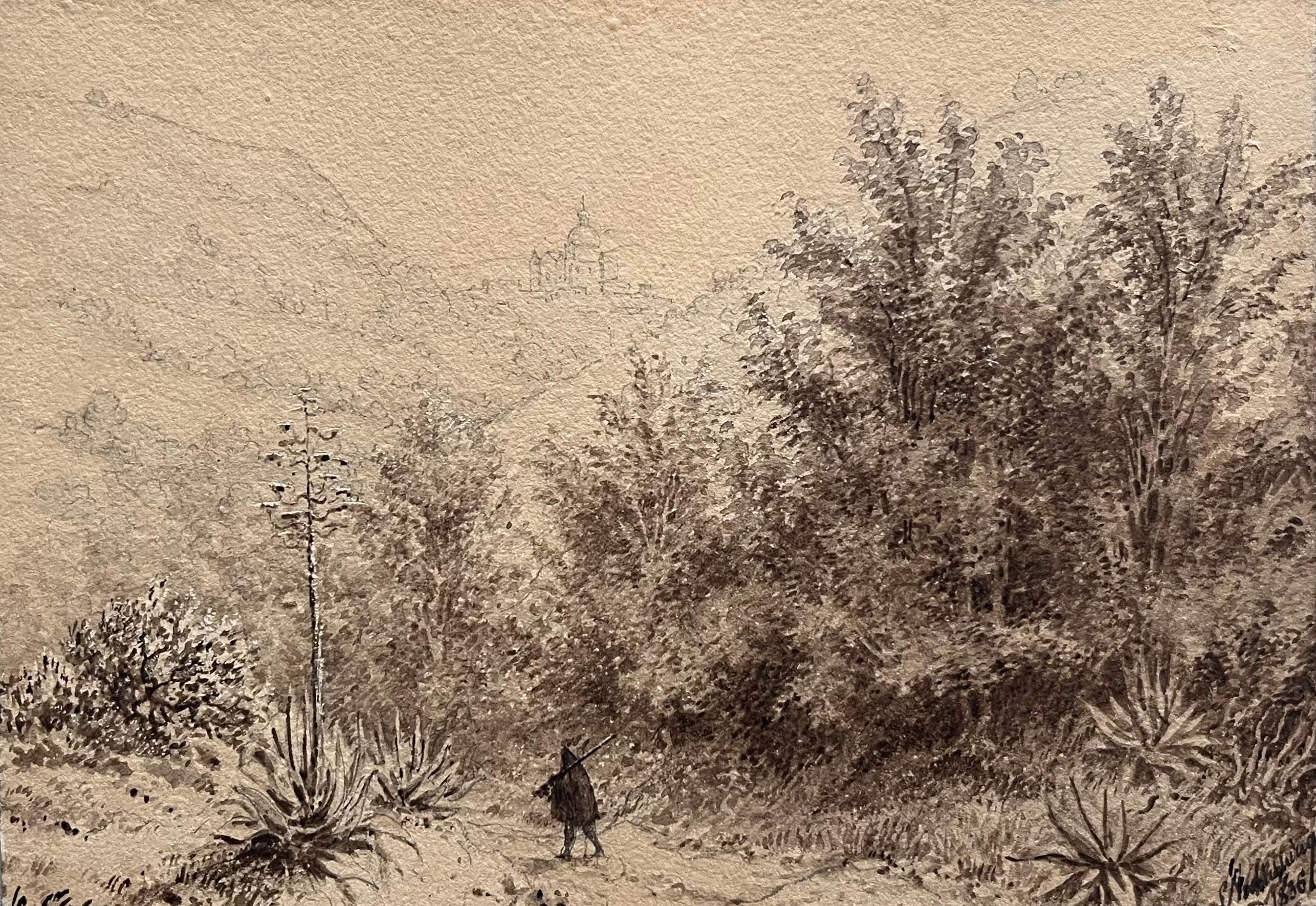 Eugène Viollet-le-Duc Landscape Painting - Walker in a wood - Landscape in the South of Italy