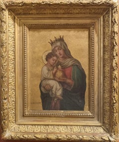 French Woman Painter SALANSON Religious Painting Virgin Mary Jesus blessing 19th