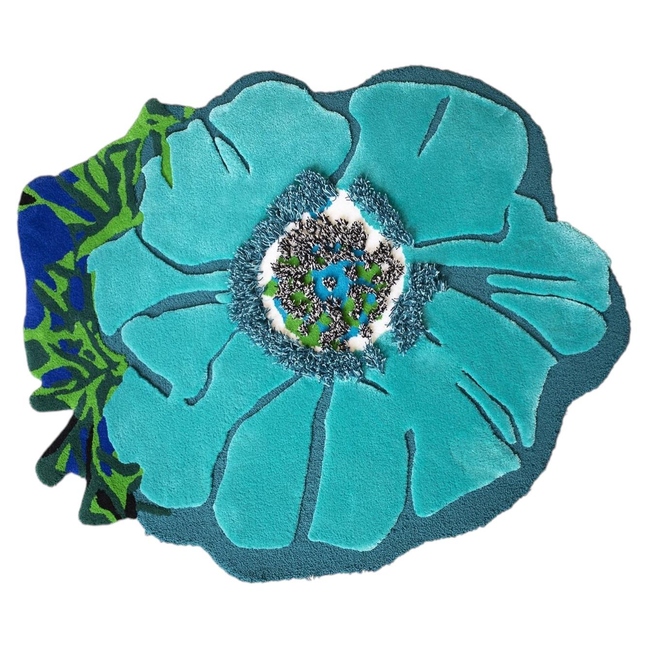 Eula Flower Blue-Toned Poly-Blend Rug by Ken Scott For Sale
