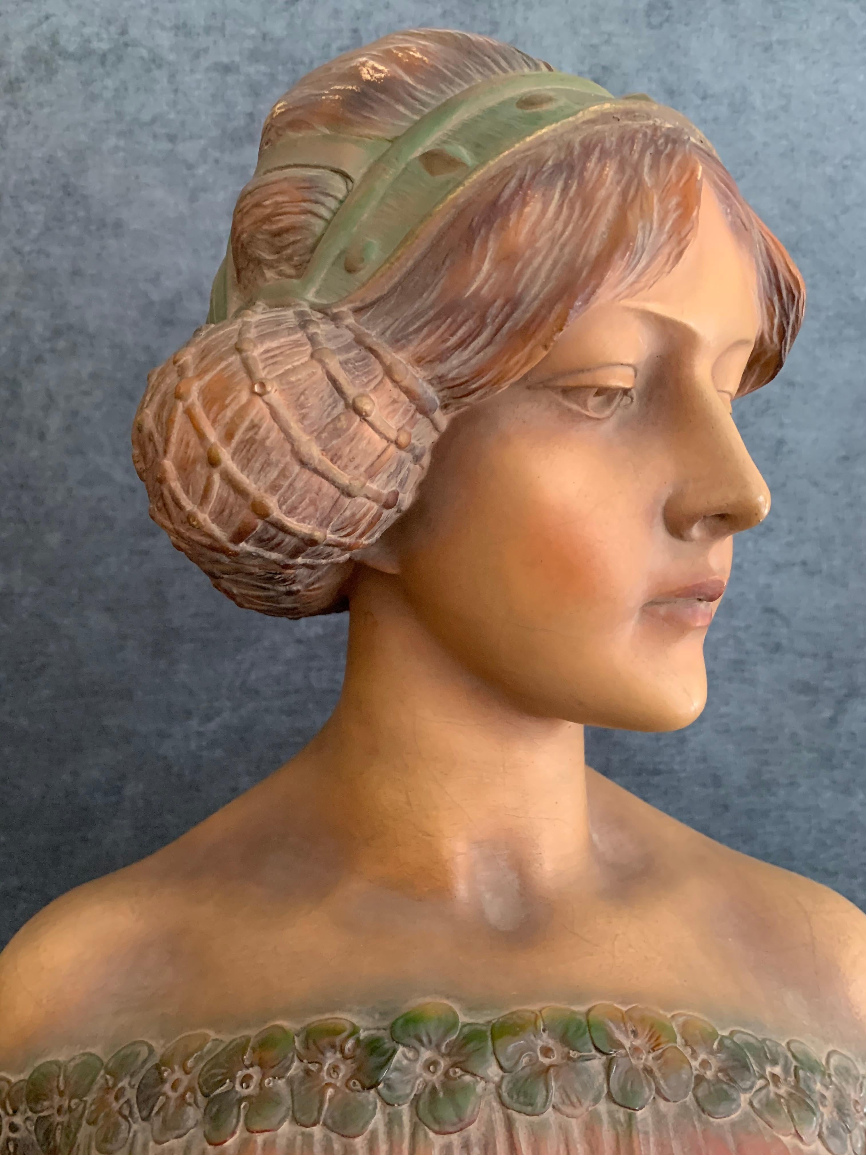 Eunice by Simon Monteneve, Art Nouveau

Height: 21 inches / 51 cm
Art Nouveau bust of Eunice by Simon Monteneve, probably commissioned for Goldscheider in Paris who did produce it in limited numbers in the early 20th century, probably around