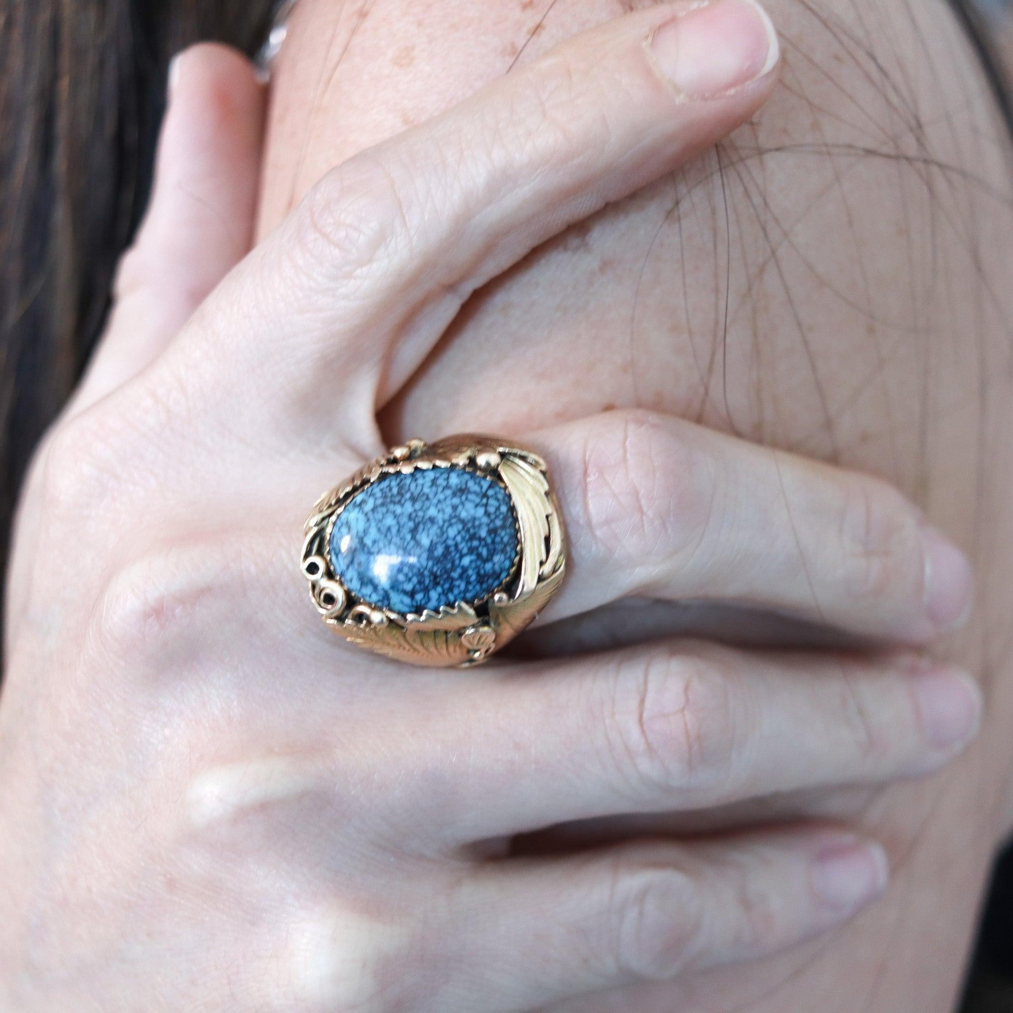 Navajo ring designed by Eunice J. Tso.

This is a fabulous and very rare native American cocktail ring, created by the Navajo goldsmith Eunice J. Tso, back in the late 1960's. The ring is very bold and carefully crafted with substantial weight in