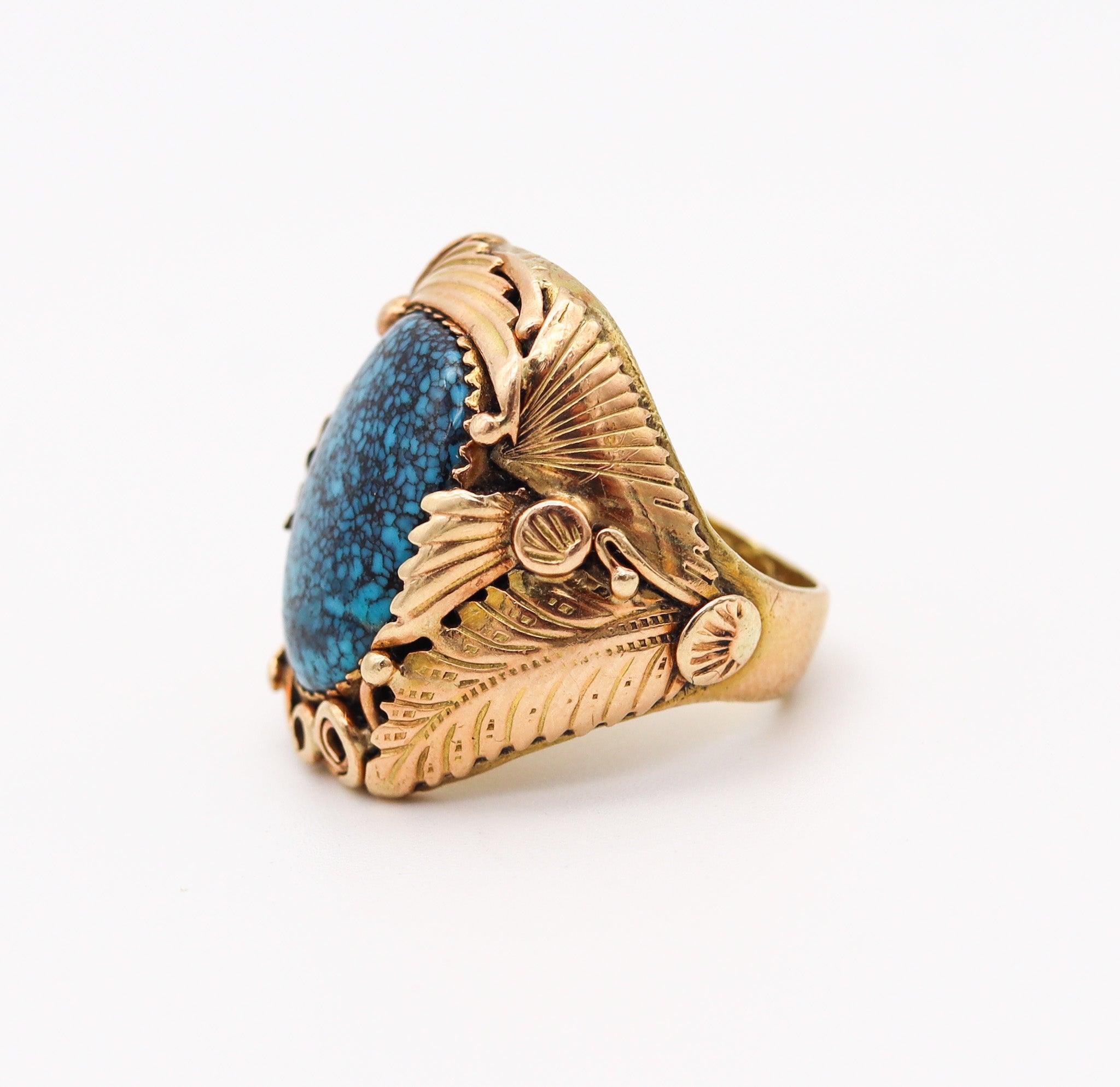 EUNICE J TSO Navajo Native American Feathers Cocktail Ring 14Kt Gold & Turquoise In Excellent Condition In Miami, FL