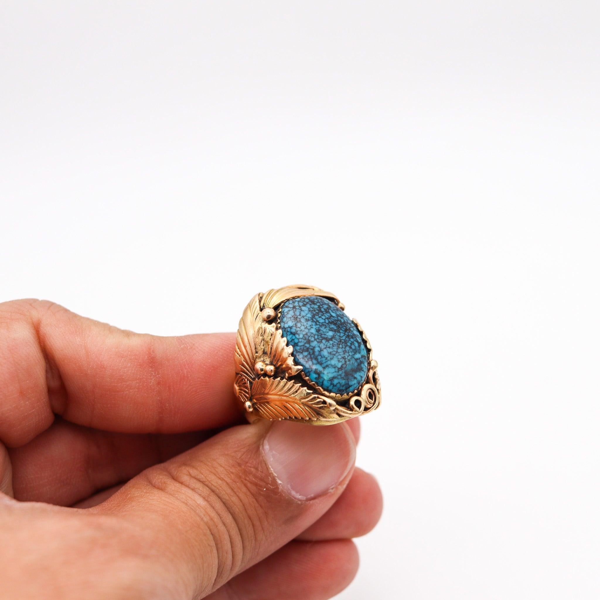 EUNICE J TSO Navajo Native American Feathers Cocktail Ring 14Kt Gold & Turquoise 1