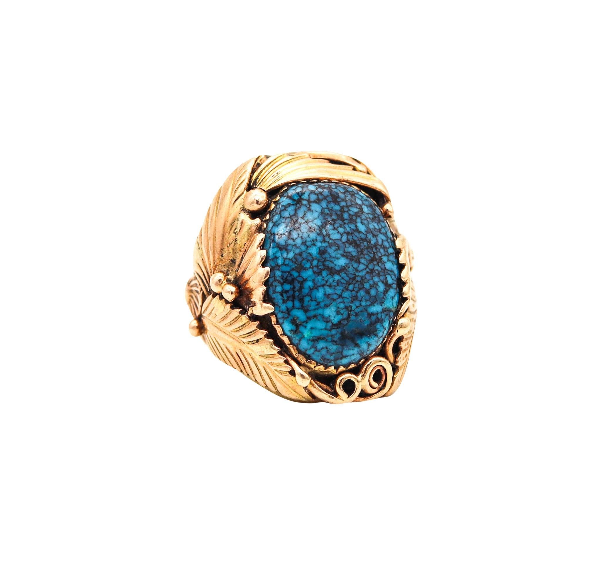 EUNICE J TSO Navajo Native American Feathers Cocktail Ring 14Kt Gold & Turquoise 2