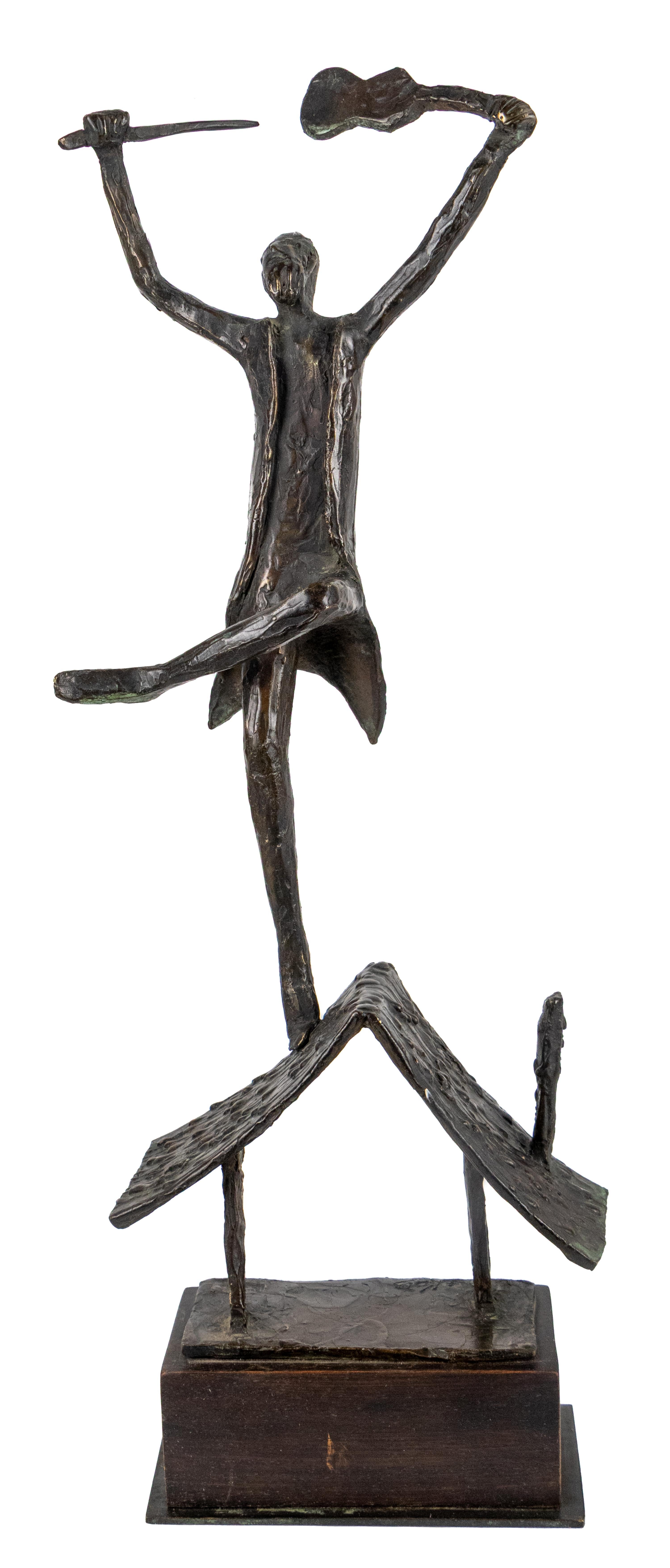 "Fiddler on the Roof" is an original bronze sculpture by American artist Eunice Katz (1927–2008). Signed by the artist on the sculpture's base, this expressive work captures the timeless image of a lone fiddler poised atop a rooftop, celebrating