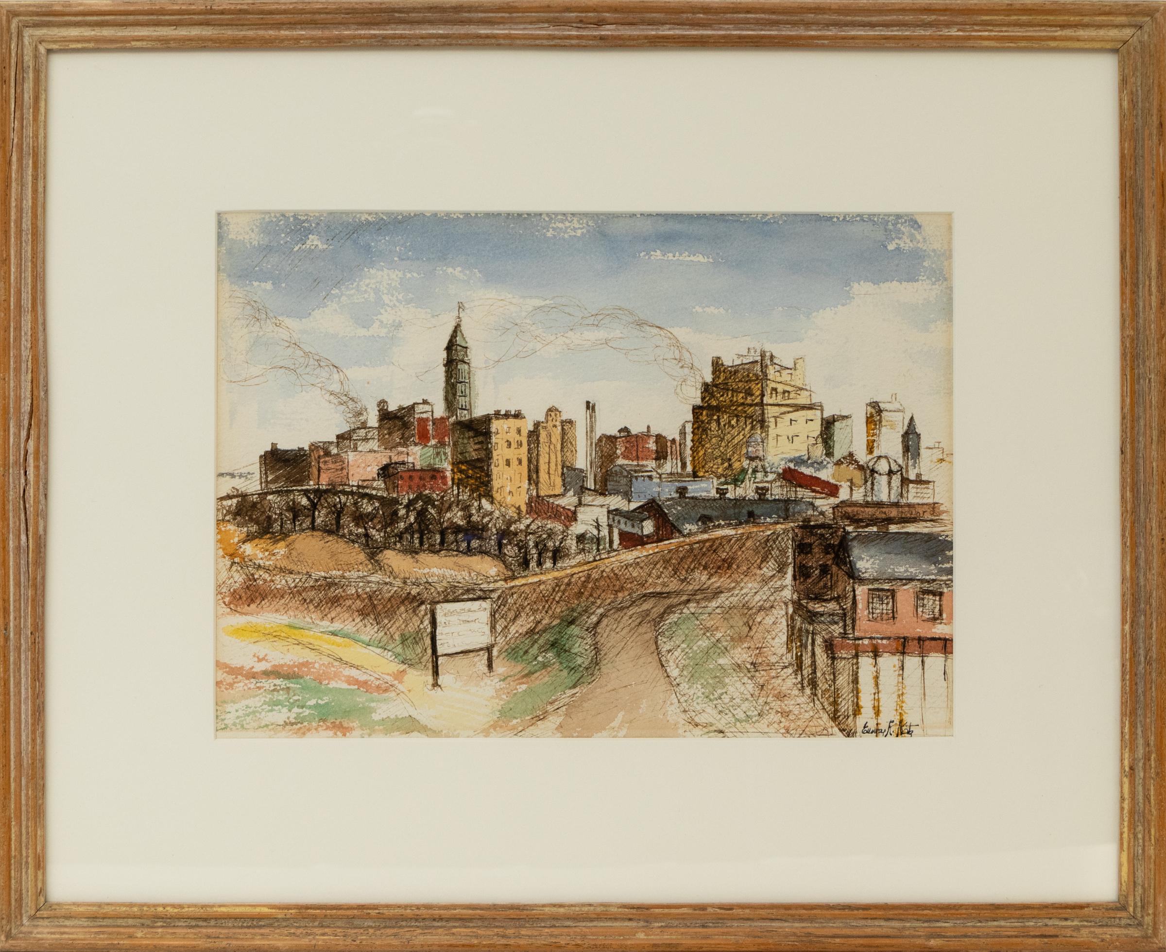 1950s Denver Skyline Painting – Graphite & Watercolor Colorado Cityscape Art - Brown Landscape Painting by Eunice Katz
