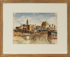 1950s Denver Skyline Painting – Graphite & Watercolor Colorado Cityscape Art