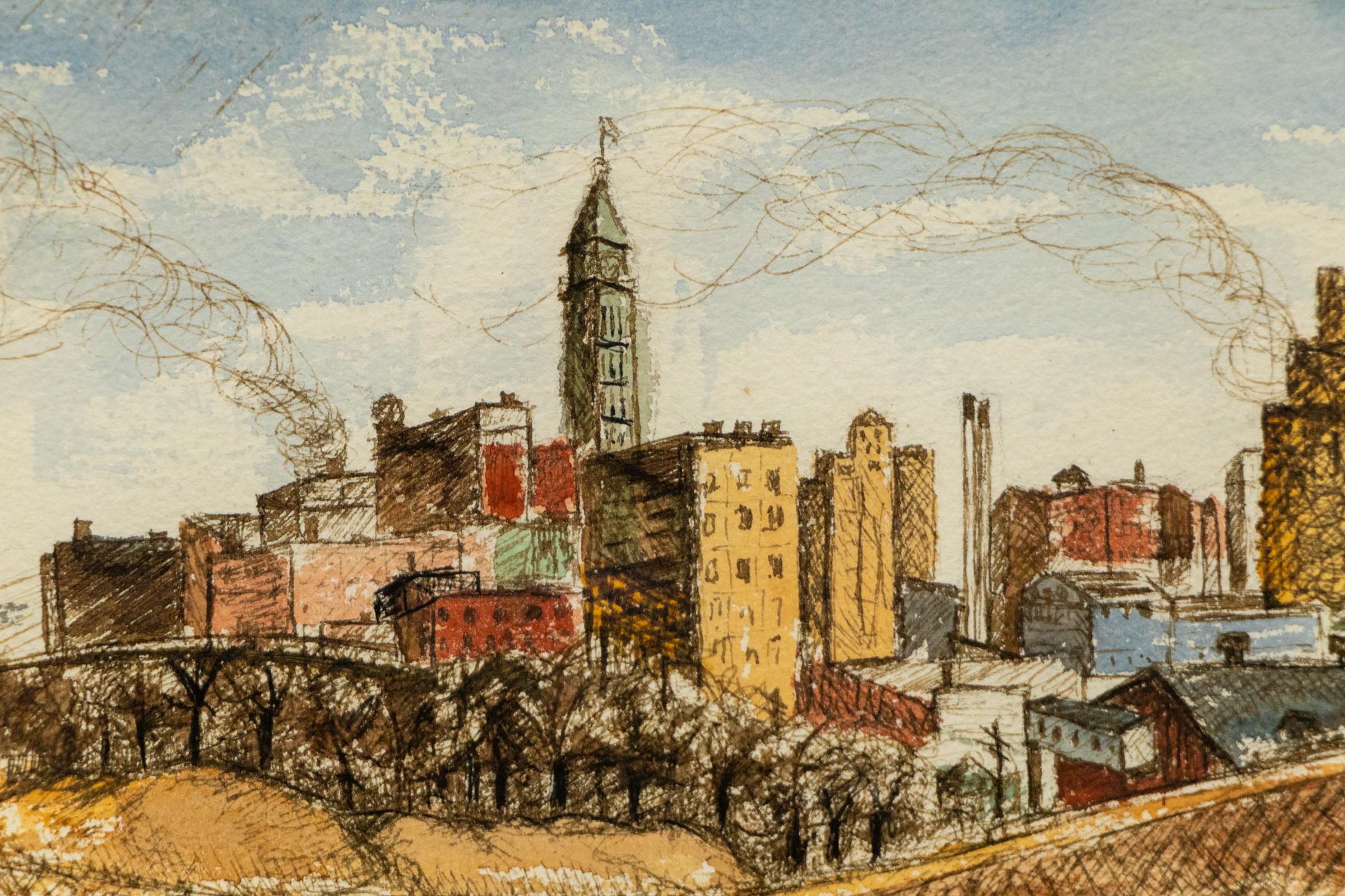 1950s Denver Skyline Painting – Graphite & Watercolor Colorado Cityscape Art For Sale 1