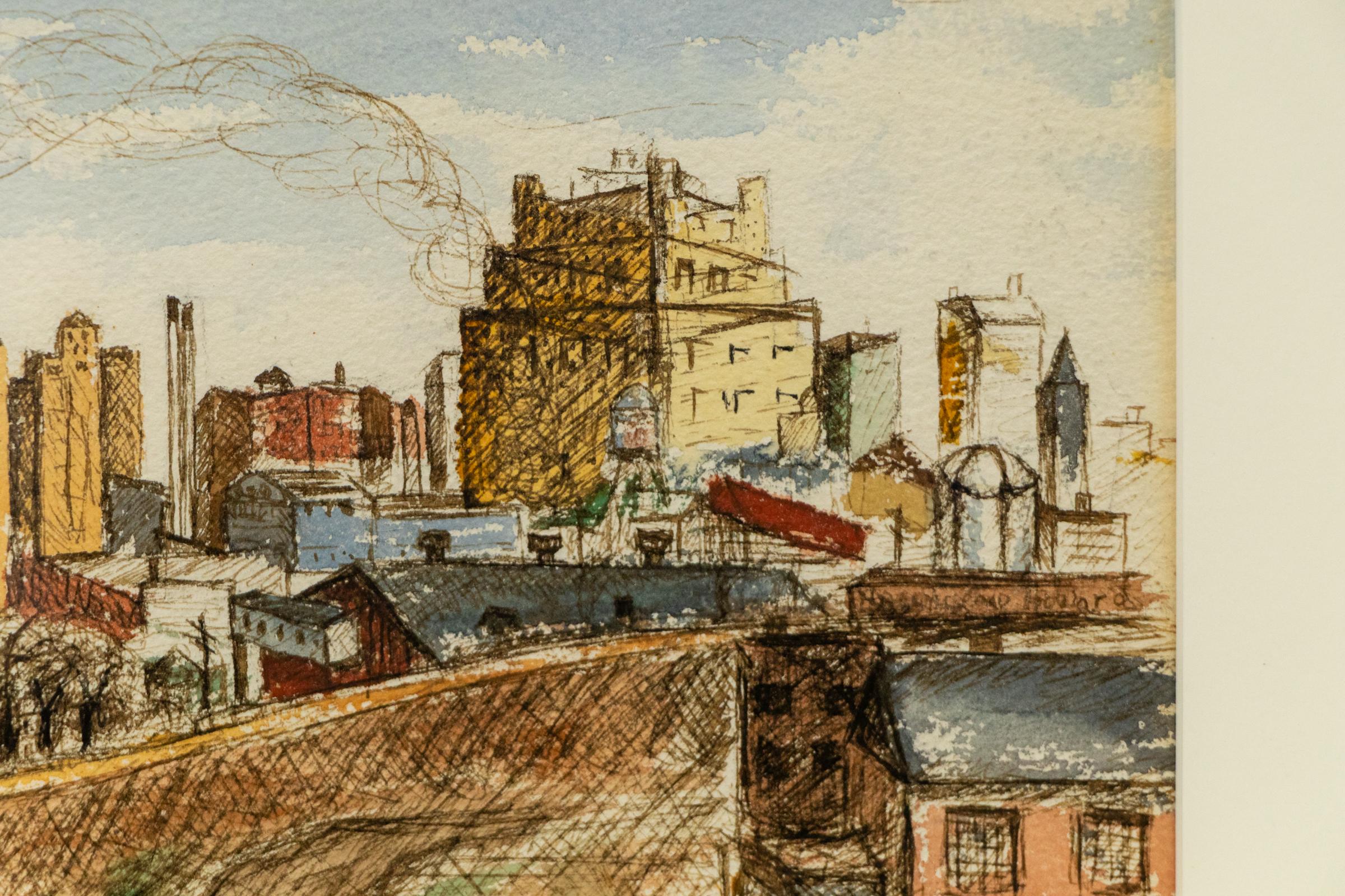 1950s Denver Skyline Painting – Graphite & Watercolor Colorado Cityscape Art For Sale 2