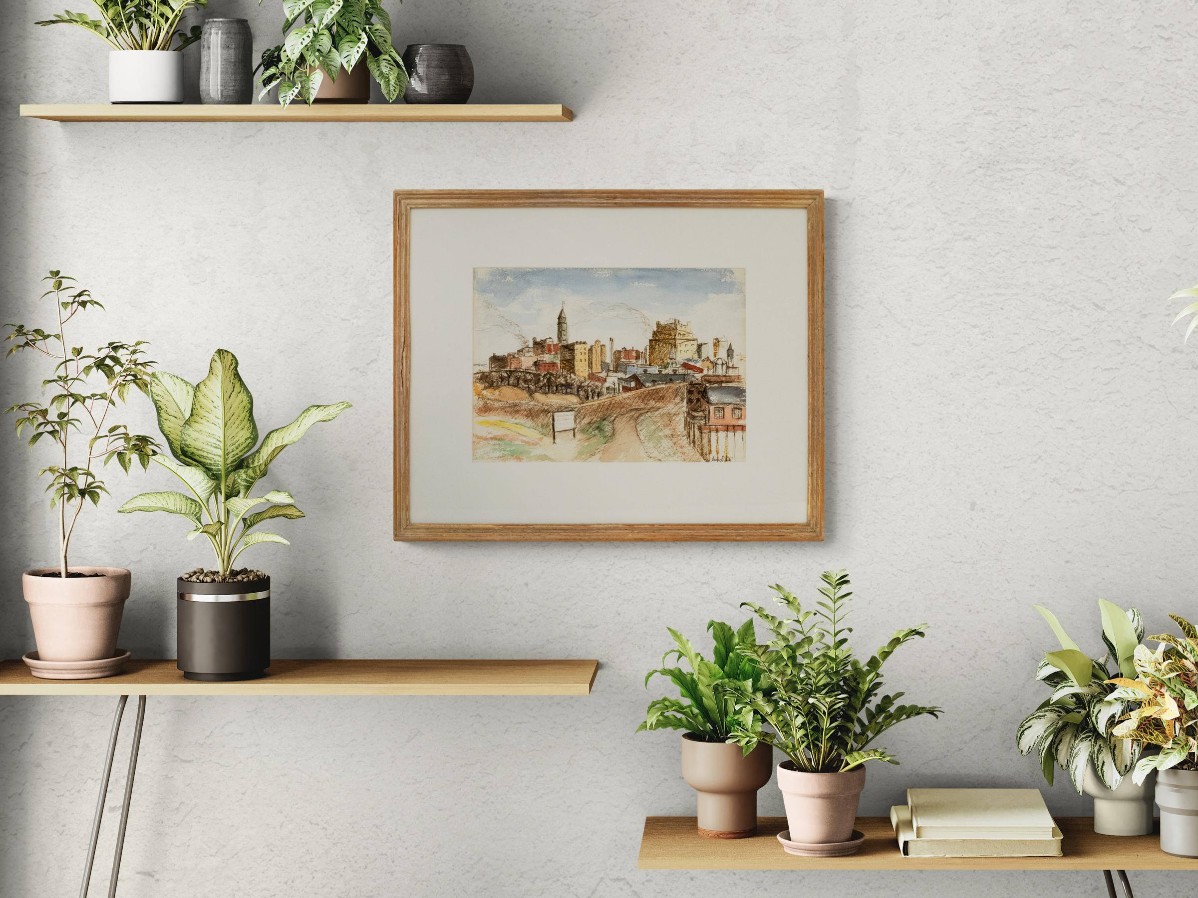 1950s Denver Skyline Painting – Graphite & Watercolor Colorado Cityscape Art For Sale 3