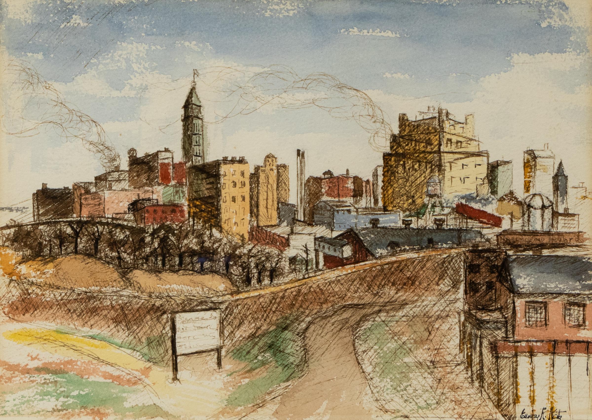 1950er Jahre Denver Skyline Malerei - Graphit & Aquarell Colorado Stadtbild Kunst