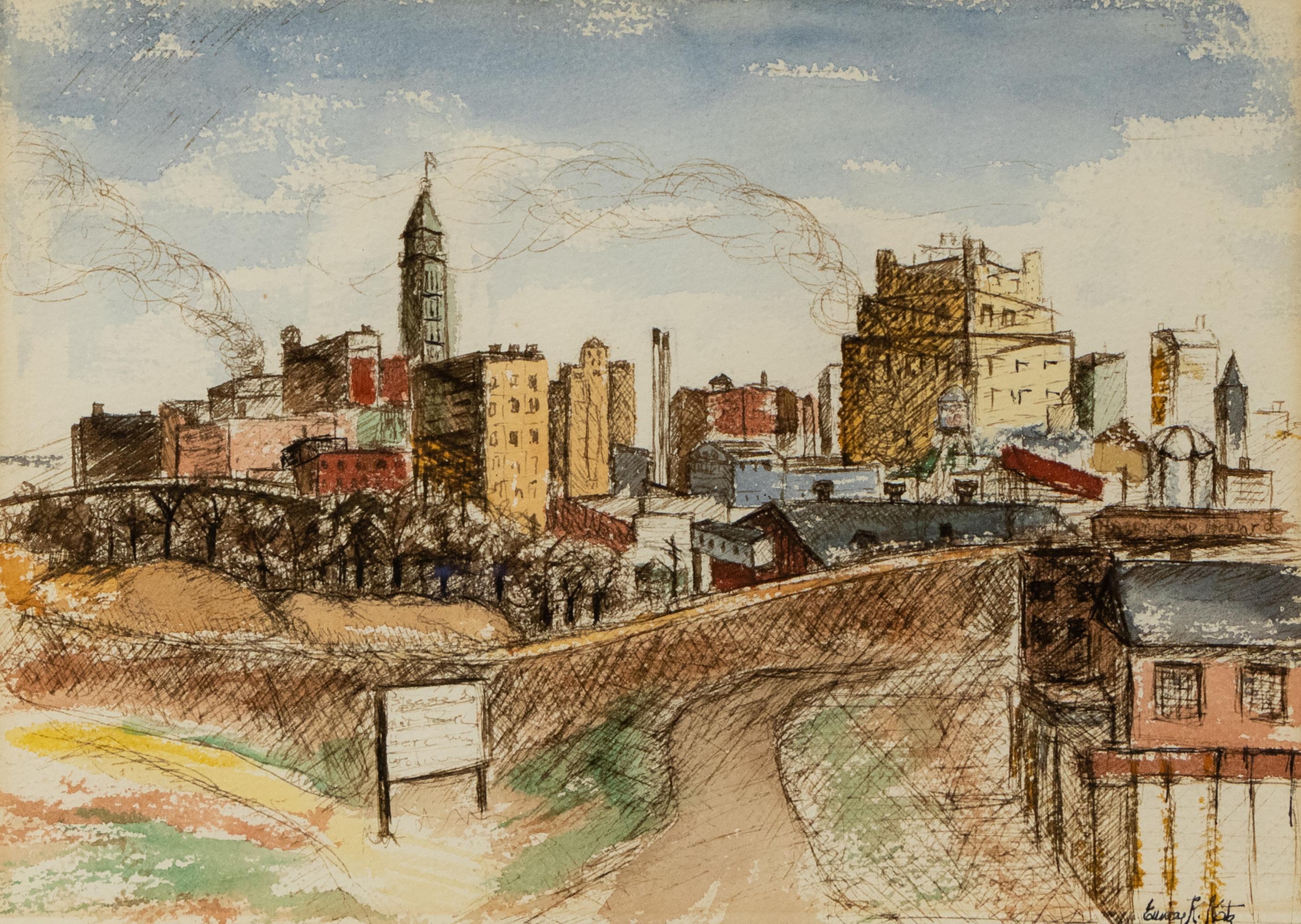 1950s Denver Skyline Painting - Grafito y Acuarela Colorado Cityscape Art