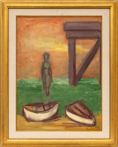 Eunice Katz Pittura costiera astratta con barche e figure, firmata, incorniciata