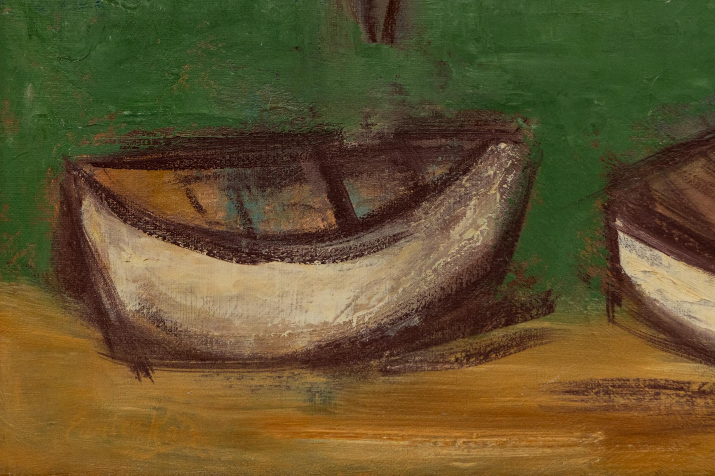 Eunice Katz Pittura costiera astratta con barche e figure, firmata, incorniciata in vendita 6