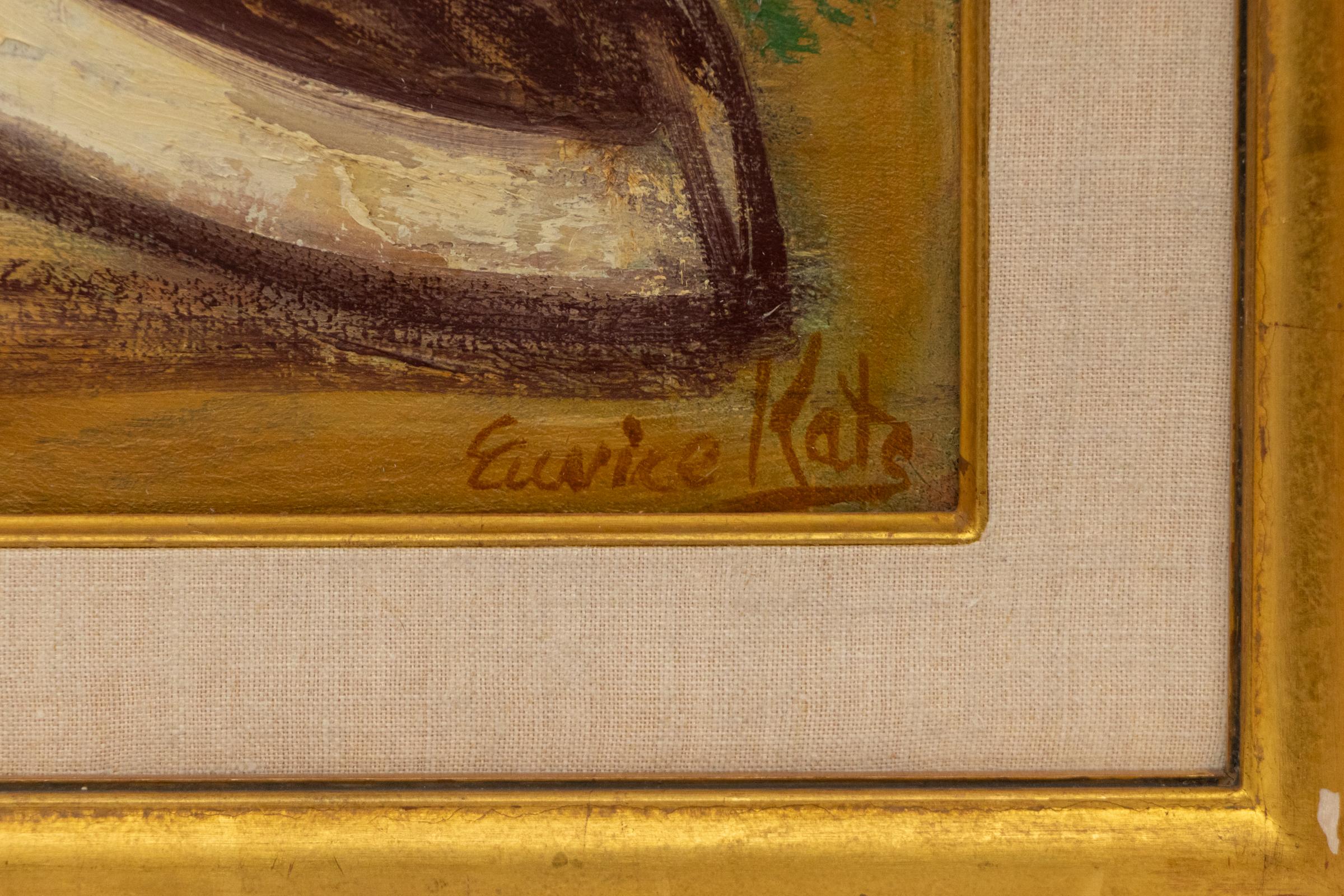 Eunice Katz Pittura costiera astratta con barche e figure, firmata, incorniciata in vendita 7