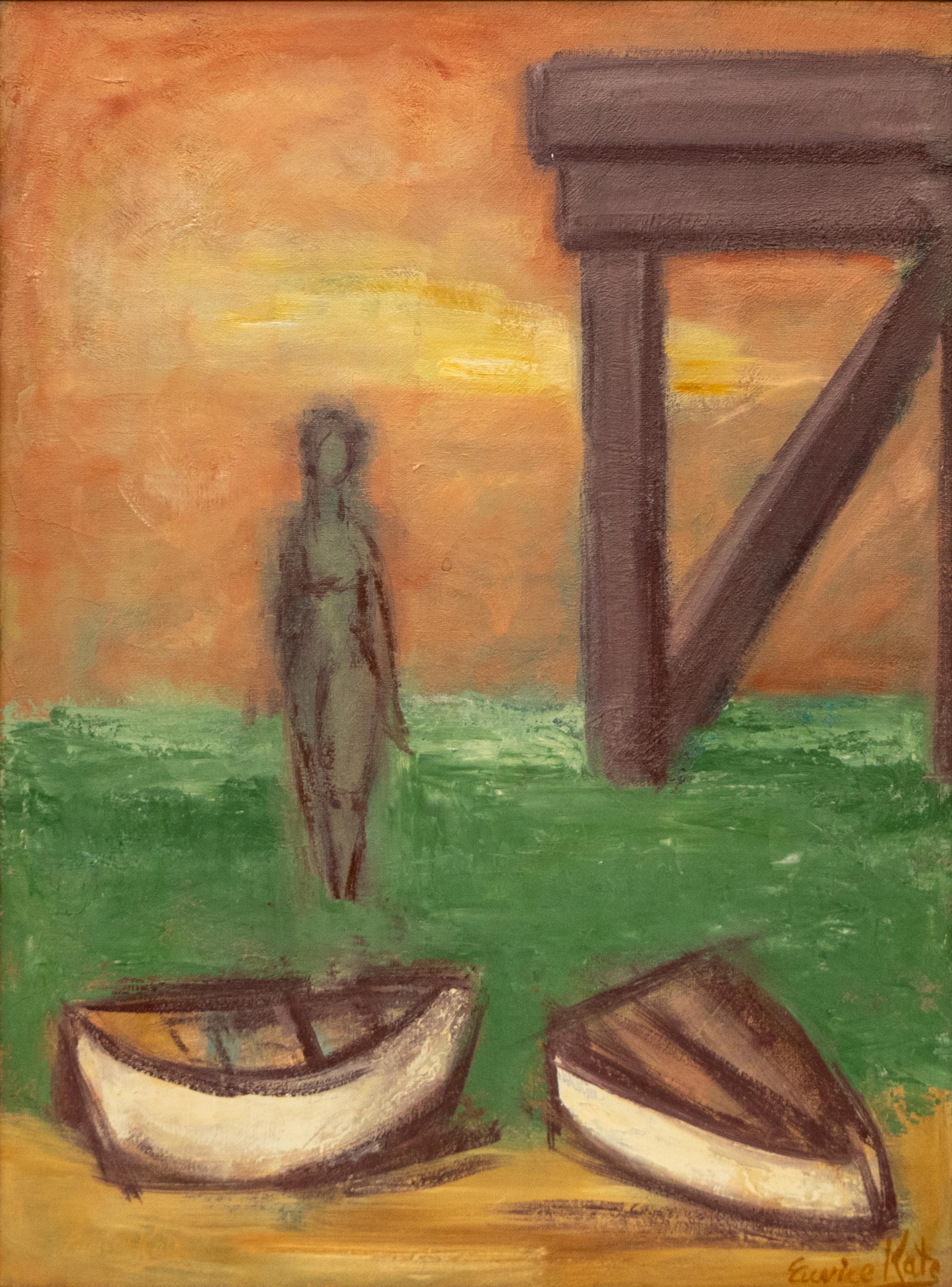 Dieses Original-Acrylgemälde von Eunice Katz zeigt eine traumhafte, abstrahierte Küstenszene. Zwei kleine Boote treiben in der Nähe eines verwitterten Piers, während sich eine weibliche Figur aus den Wellen zu erheben scheint - ihre Form ist