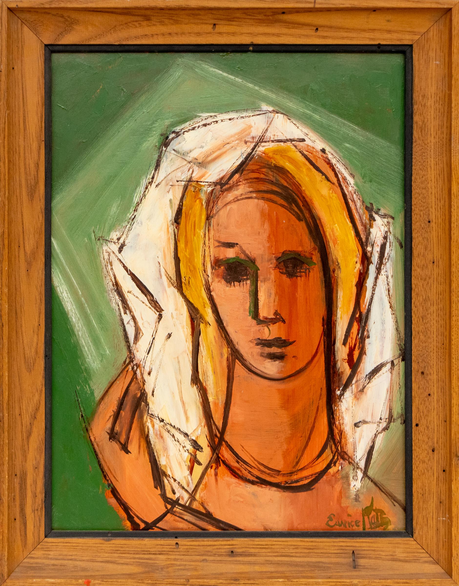 Modernist Woman Portrait - Original Acrylic Painting with Rich Green Background - Brown Portrait Painting by Eunice Katz