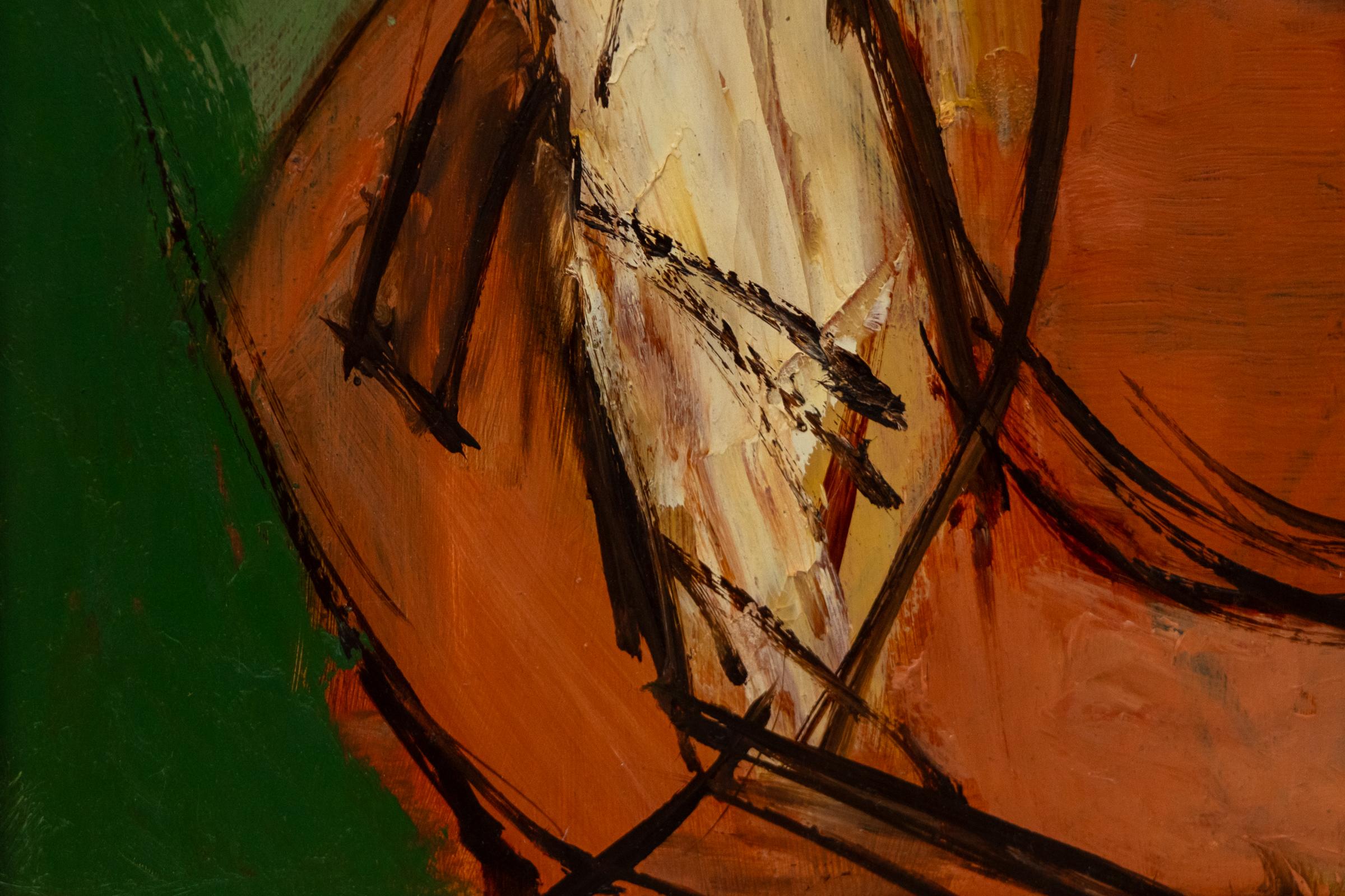Discover a striking original modernist portrait by Eunice Katz (1927–2008). This captivating acrylic painting on board features a woman’s portrait, rendered in a bold palette of rich greens, warm yellows, crisp whites, and deep umber tones. The