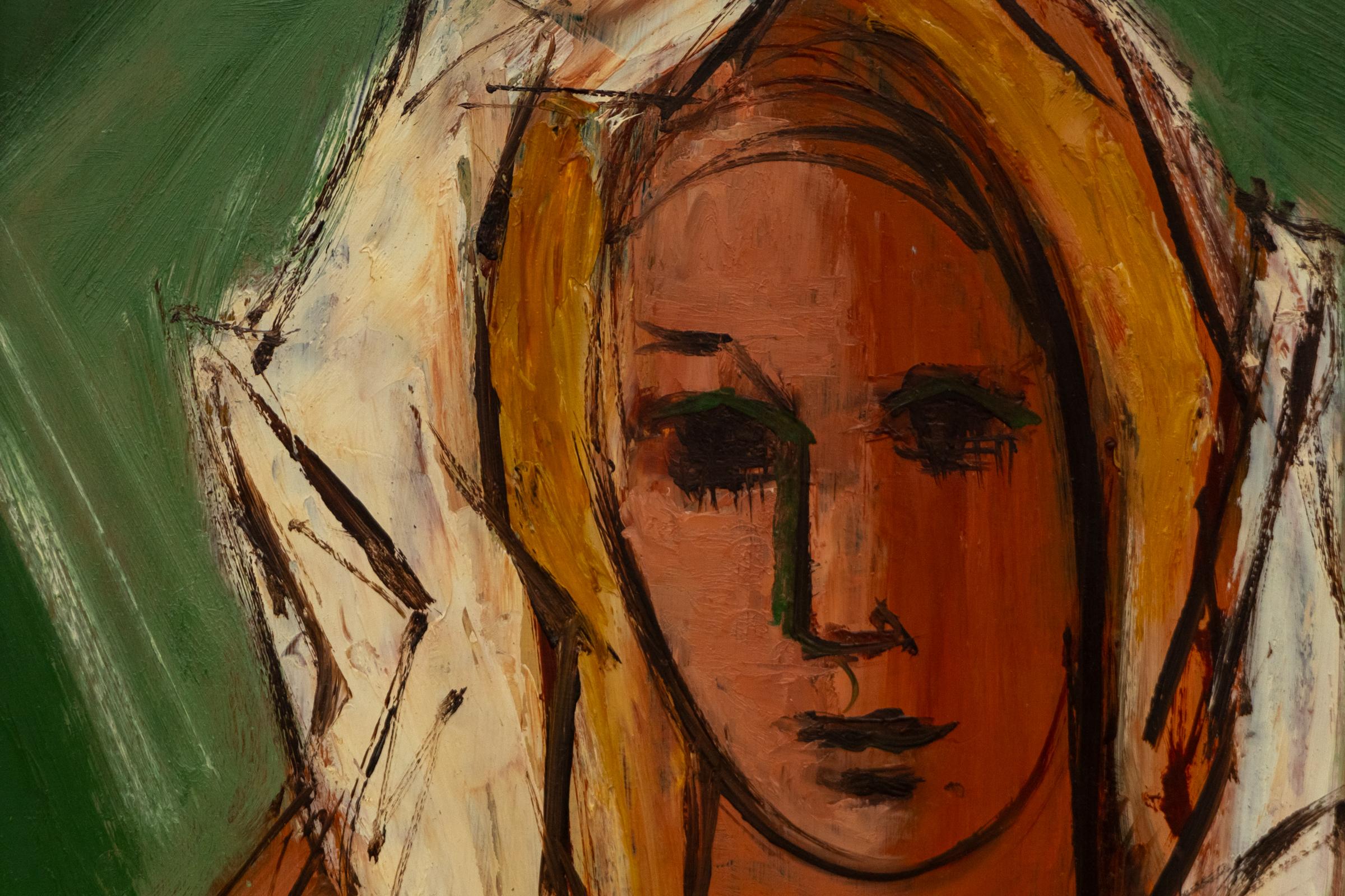 Modernist Woman Portrait - Original Acrylic Painting with Rich Green Background For Sale 1