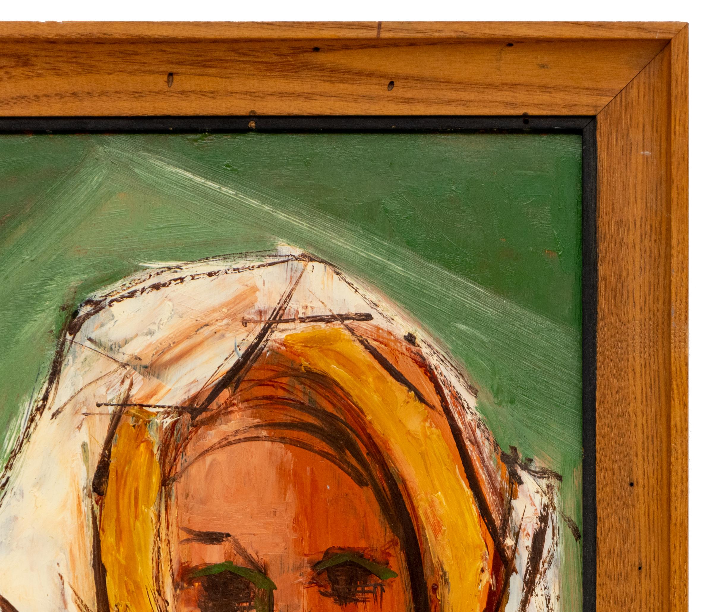 Modernist Woman Portrait - Original Acrylic Painting with Rich Green Background For Sale 4